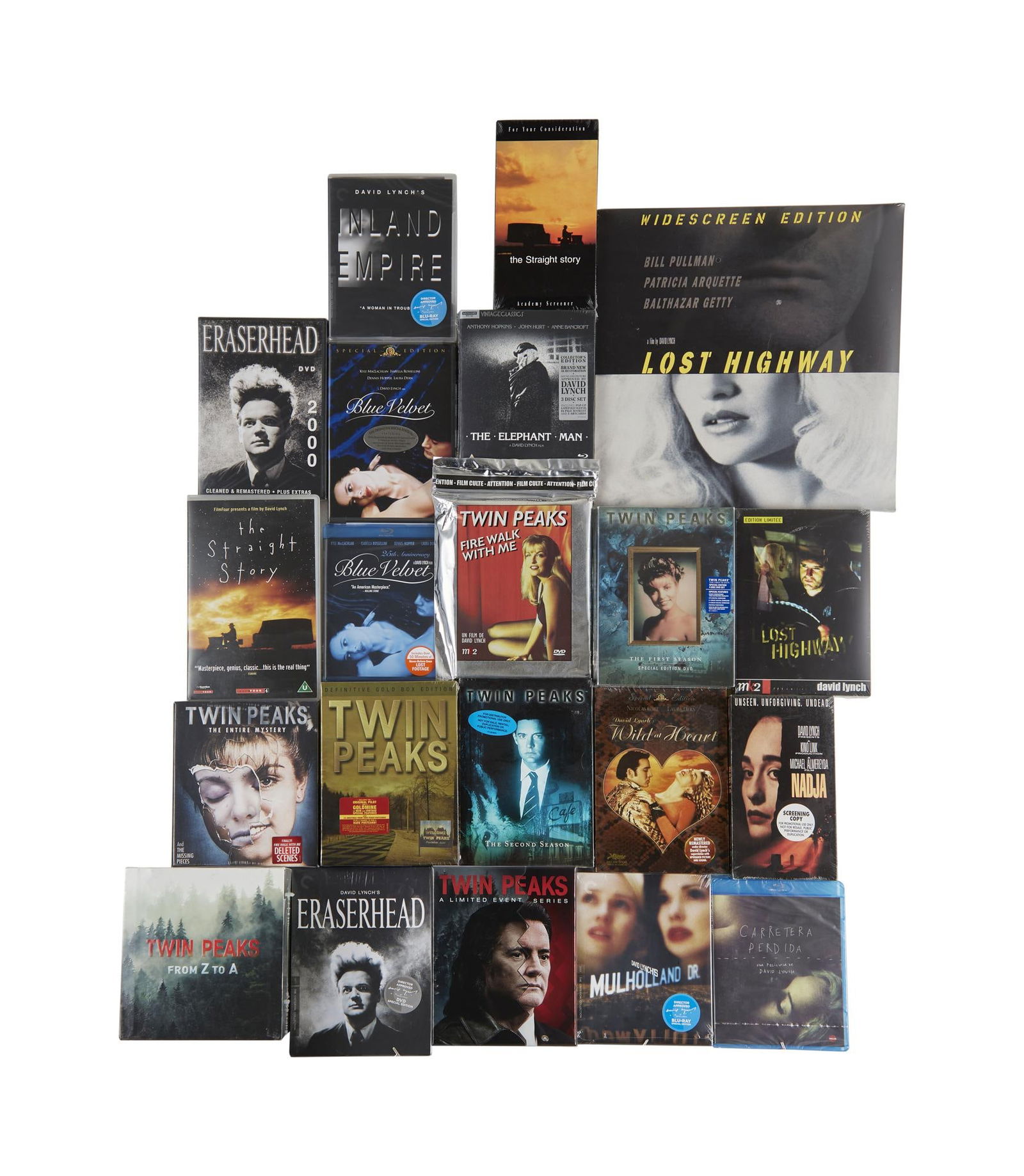 David Lynch | Home Video Collection (DVDs, Blu-Rays, VHS, LaserDisc): A large collection of home video releases of David Lynch titles, most unopened, in various formats. Includes: "Twin Peaks: From Z to A" Blu-Ray Box Set"Twin Peaks: The Entire Mystery&qu