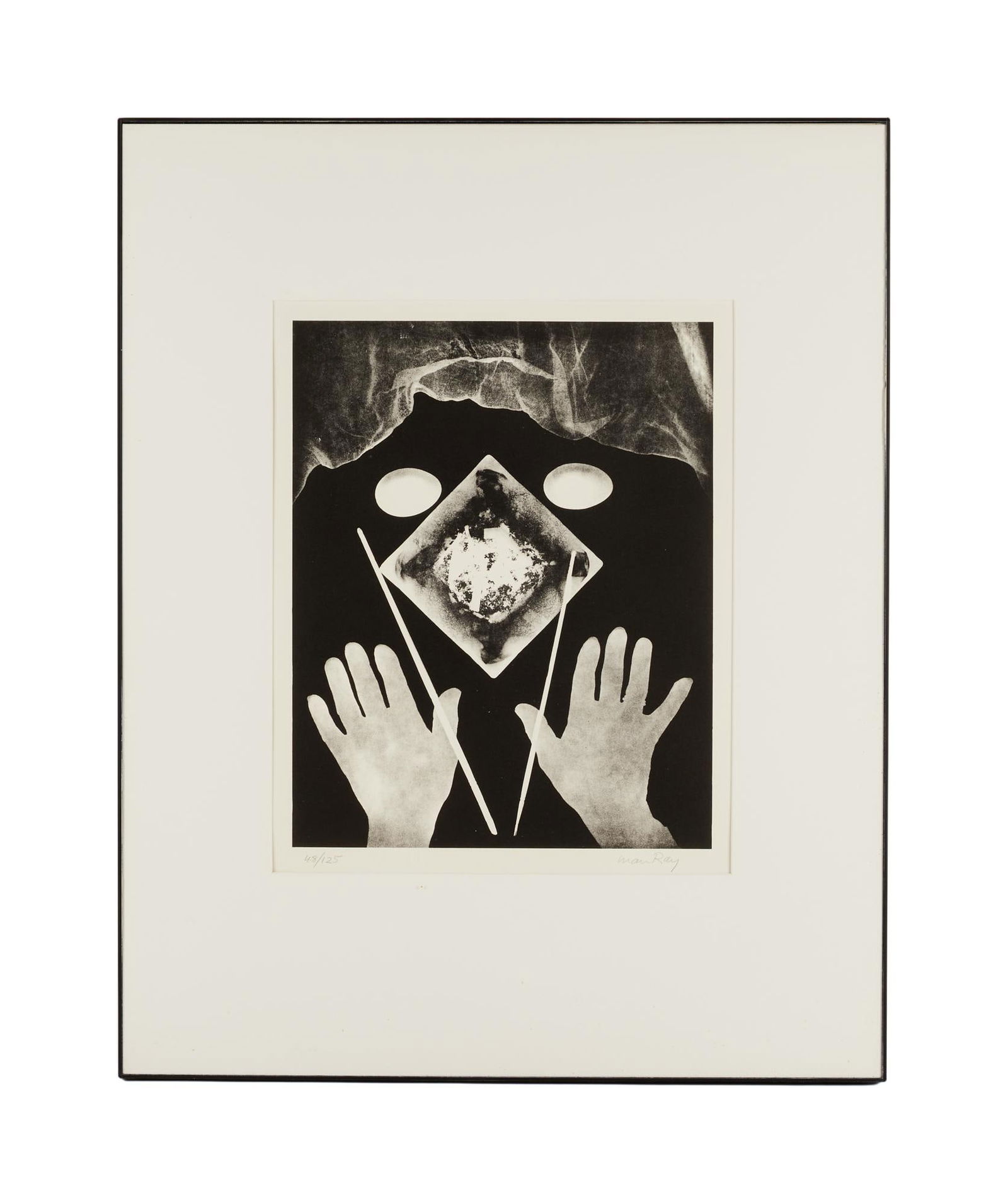 David Lynch | Man Ray Signed "Two Hands" Limited-Edition Print: A limited-edition print by Man Ray known as "Two Hands," or "Hands and Eggs." Signed by Man Ray in pencil to the lower right, and numbered to the lower left 48/125. A limited