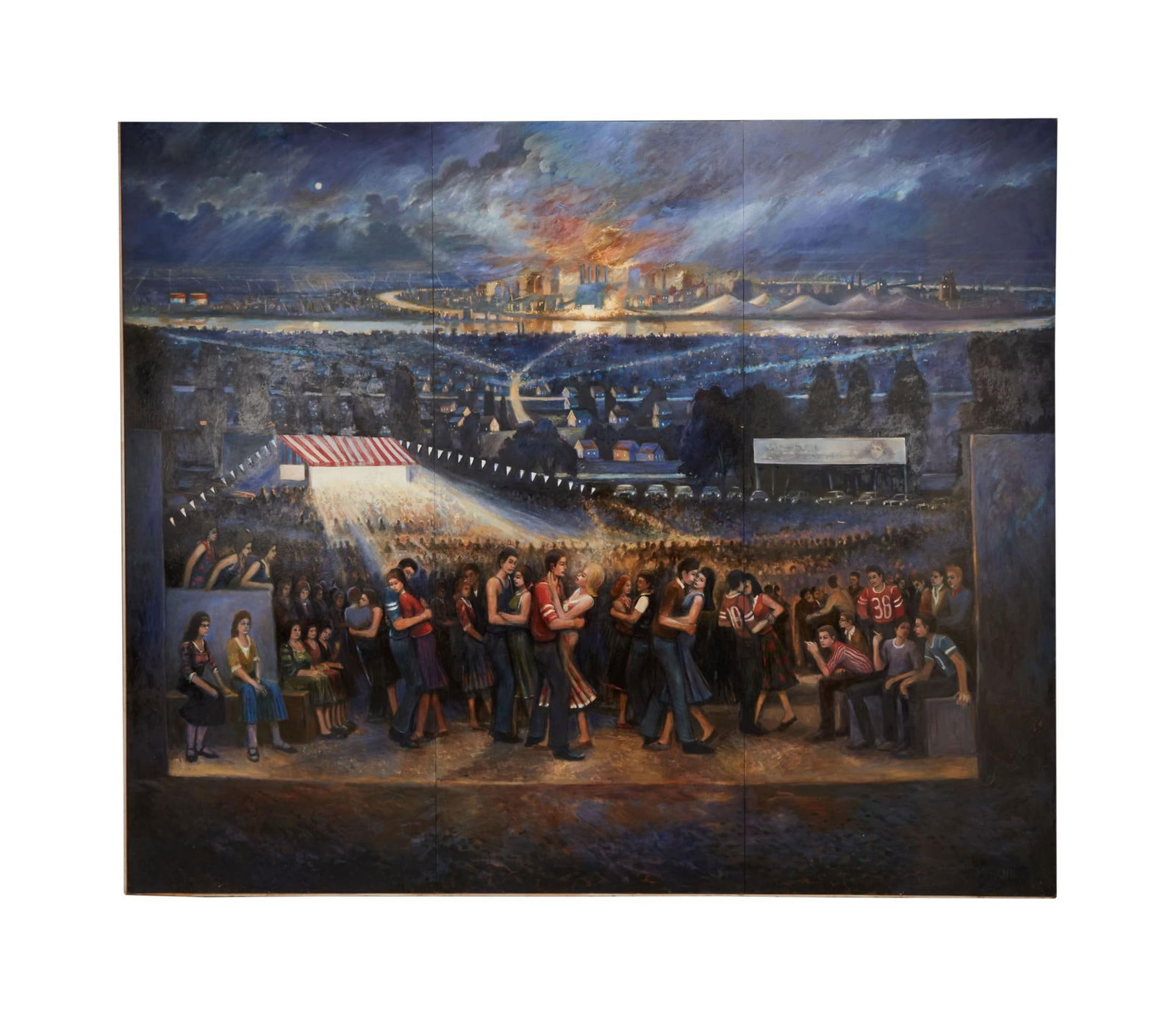 David Lynch | Donato Mancini Signed Large-Scale Dance Painting: A large-scale original oil on wood-panel painting of a county fair type dance with a cityscape in the background, by Donato Mancini. Signed by the artist to the lower right. A large-scale original oil