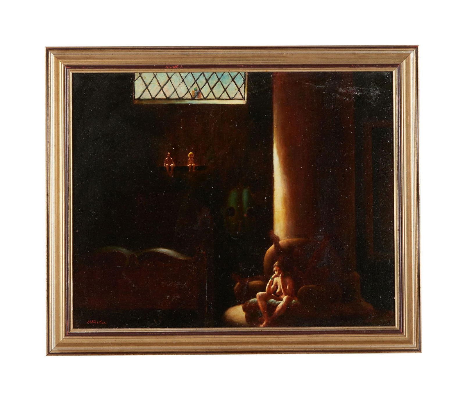 David Lynch | Bushnell Keeler Signed Surrealist Painting: An original enamel on board painting by Bushnell Keeler, signed to the lower left. David Lynch was a childhood friend of Bushnell Keeler's son, and as a painter, Keeler greatly influenced Lynch to