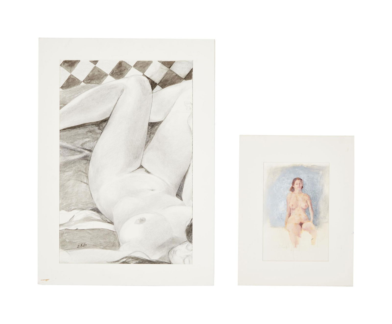 David Lynch | Bushnell and David Keeler Signed Nude Artworks: Two original nude artworks, one oil on canvas-paper painting by Bushnell Keller, titled "Seated Figure," signed to the lower left, and one pencil on paper drawing by David Keeler, signed to
