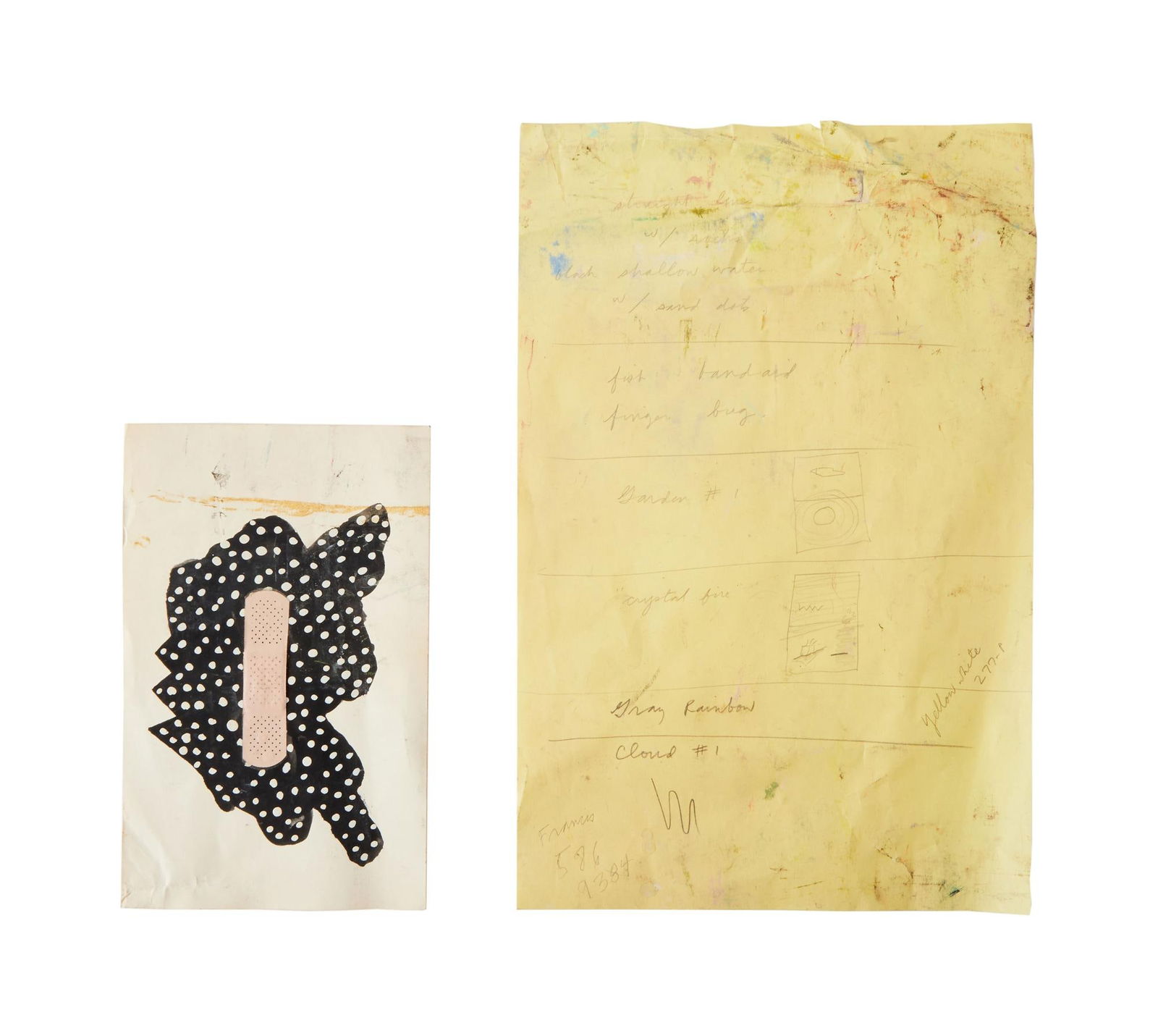 David Lynch | Sheet of Handwritten Art Notes: A sheet of yellow paper bearing handwritten notes and doodles by David Lynch, apparently regarding potential art projects, including the words "Black Shallow Water," "Fish Band-Aid,&quo