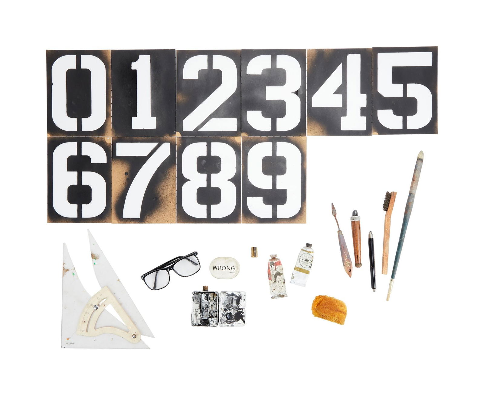 David Lynch | Art Supplies and Glasses: A collection of art supplies from David Lynch's art studio workshop, together with a pair of reading glasses. A collection of art supplies from David Lynch's art studio workshop, together with