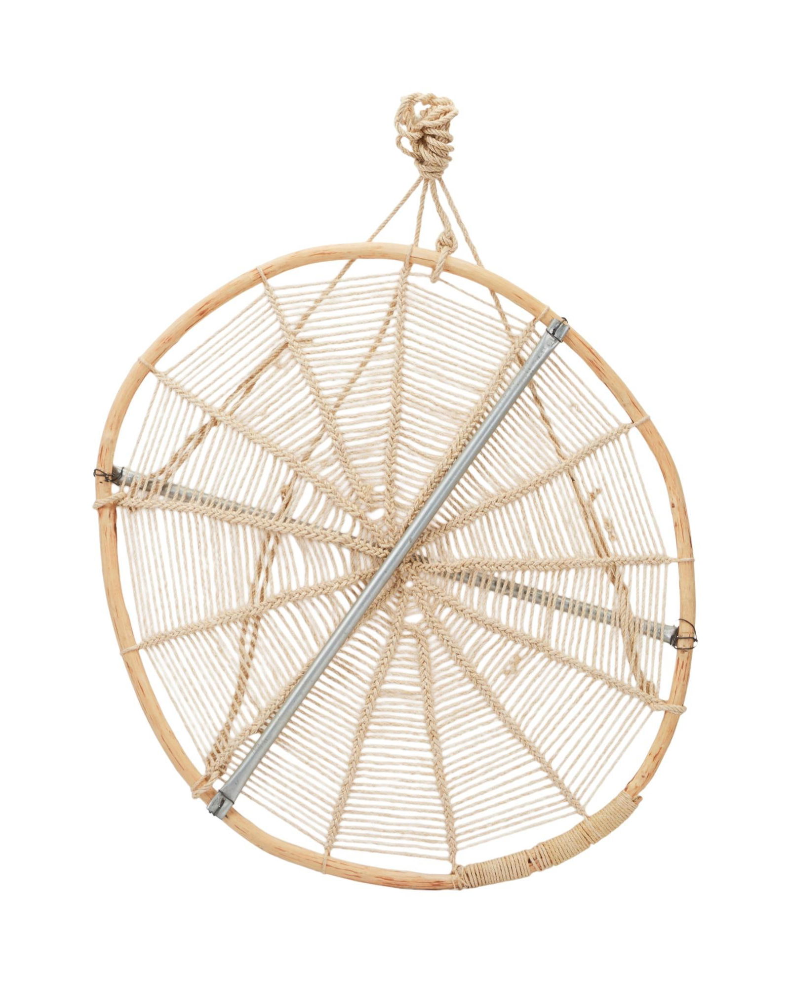 David Lynch | Large Dreamcatcher: A large, potentially handmade, dreamcatcher-like structure. It is comprised of a circular wooden piece with rope in a spider web-like design strung throughout. Two metal rods are present, one on