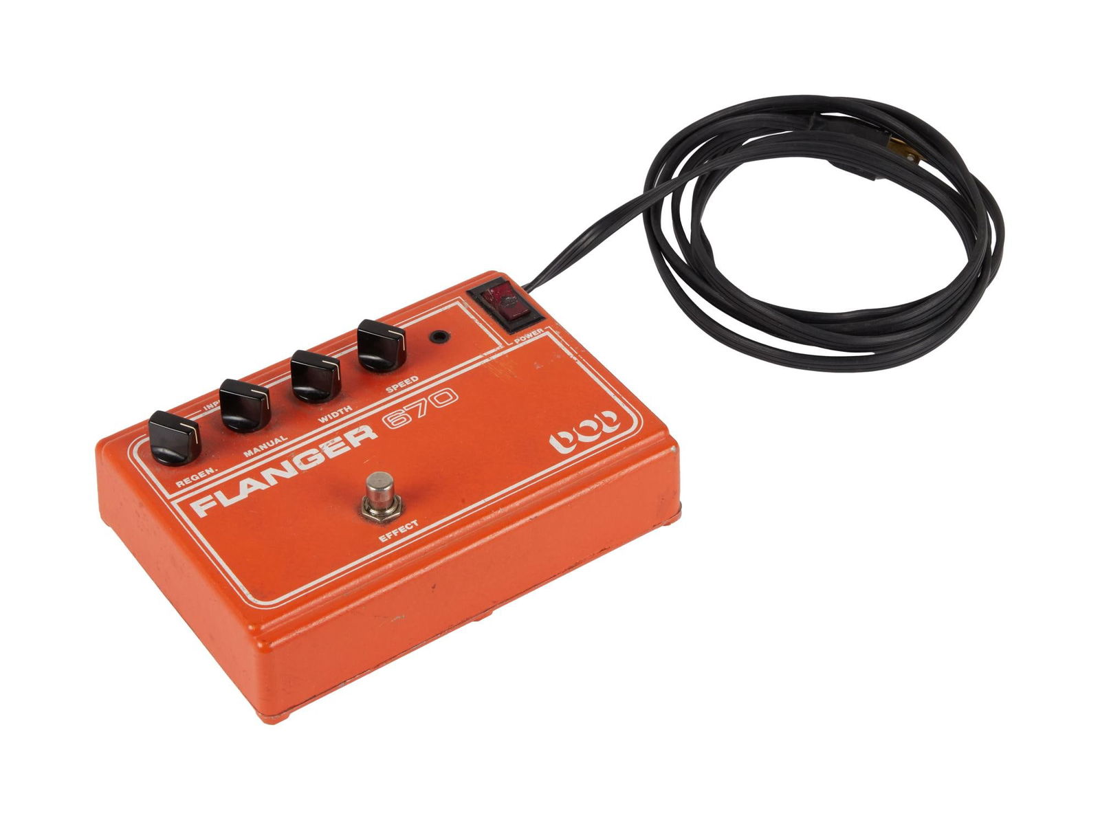 David Lynch | 1980s DOD Flanger 670 Guitar Effect Pedal: A 1980s DOD Flanger 670 guitar effect pedal in orange, owned and used by David Lynch in his home studio. The Flanger 670 is a compact flange effect pedal with controls for Regen, Manual, Width, and Sp