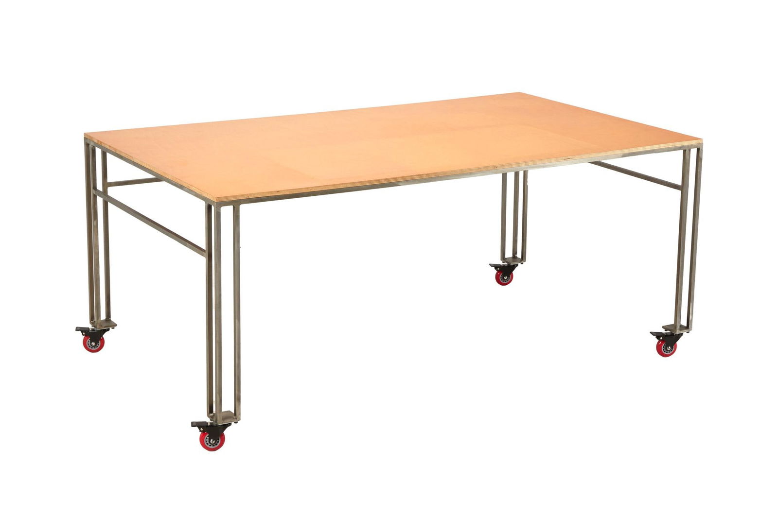 David Lynch | David Lynch Designed Rolling Laminate Table: A rectangular table with a laminate top and metal base, mounted to red skateboard wheels. A rectangular table with a laminate top and metal base, mounted to red skateboard wheels. PROVENANCE From The