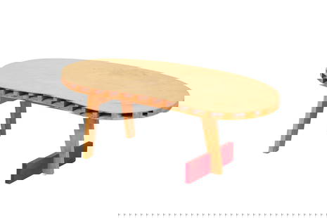 David Lynch | David Lynch Designed End Table: A mid-century style laminate end table with a red accent foot, designed by David Lynch.A mid-century style laminate end