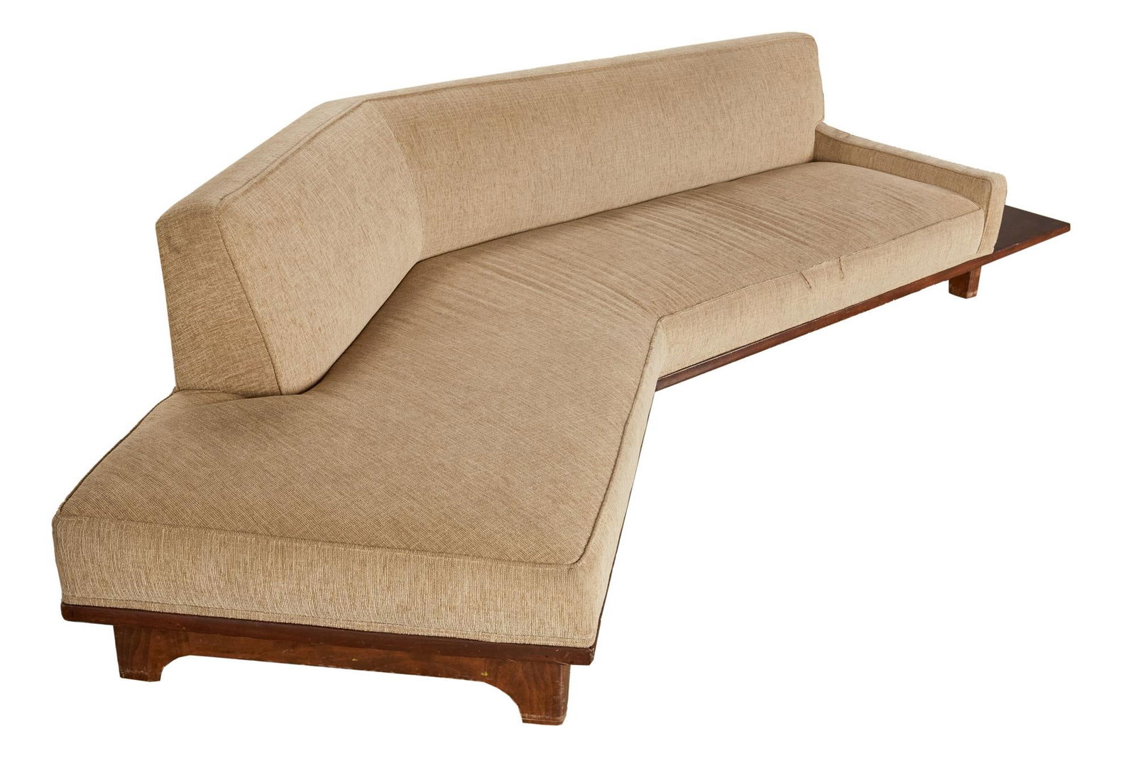 David Lynch | "Lost Highway" Style Boomerang Sofa: A vintage tan chenille upholstered Boomerang sofa with wood legs and attached end table. This is the same model of couch used in David Lynch's 1997 film Lost Highway (Asymmetrical Productions). Po