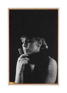 David Lynch | Marilyn Monroe 1956/1980s Rare Black and White Photograph by Milton H. Greene (B): A circa 1980s later print; rare large format, semi-gloss finish, depicting the star in a somber pose as she holds a drinking glass from the now-famous &#39;Black Sitting&#39; as shot by her then busin