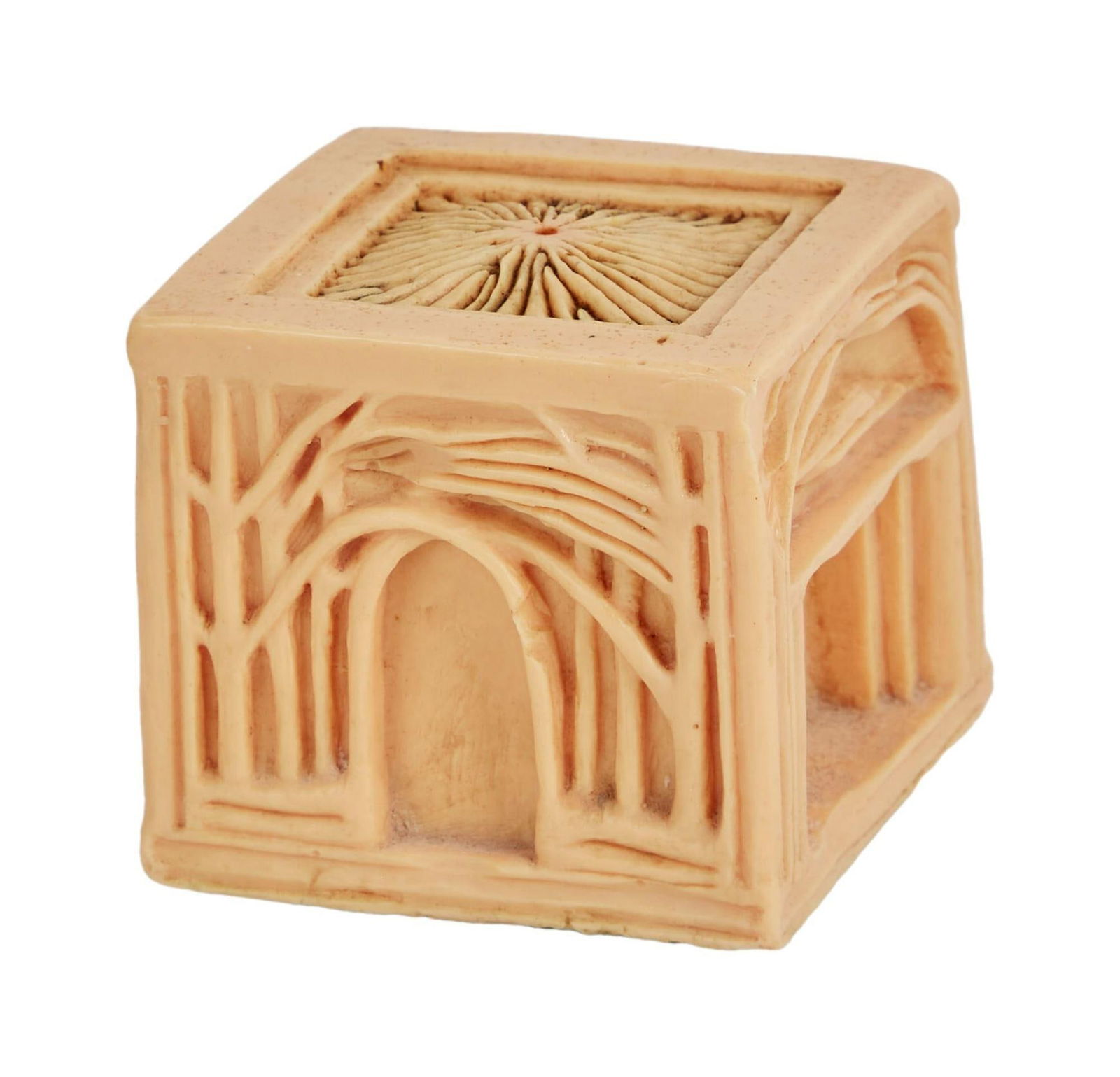 David Lynch | 1974 Incense Holder made by Lynch: A cube-shaped incense holder, with differing arches and doorways on each side, made by David Lynch in 1974. There is green felt lining the bottom with a label that reads: "Incense Holder / design