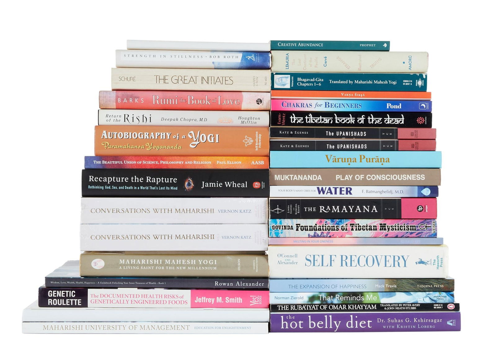 David Lynch | Transcendental Meditation and Wellness Books: A group of transcendental meditation and wellness books from the personal home collection of David Lynch, bearing a "Studio David Lynch" stamp. The titles include: Lemuria: The Lost Continen