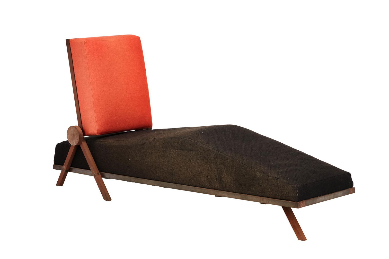 David Lynch | Day Bed Chaise Lounge: A vintage Mid-century day bed with orange and black fabric upholstery on a teak wood frame. A vintage Mid-century day bed with orange and black fabric upholstery on a teak wood frame. PROV
