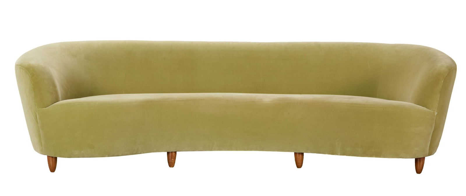 David Lynch | Green Velvet Contour Sofa: A mid-century style curved velvet upholstered sofa with conival wood feet. A mid-century style curved velvet upholstered sofa with conival wood feet. PROVENANCE From The Estate of David Lynch 28 x 94
