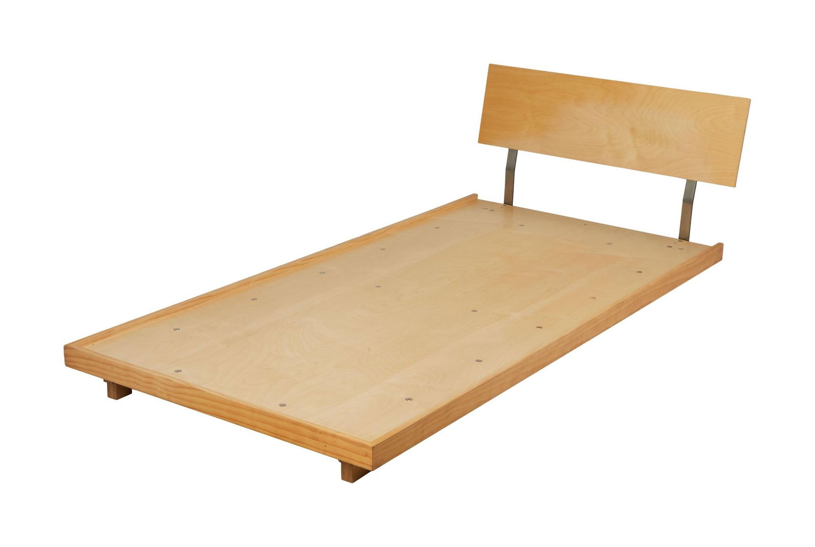 David Lynch | Twin Bed Frame: A twin bed frame comprised of a wooden base and headboard elevated by two metal rods, from the home of David Lynch. A twin bed frame comprised of a wooden base and headboard elevated by two metal rods