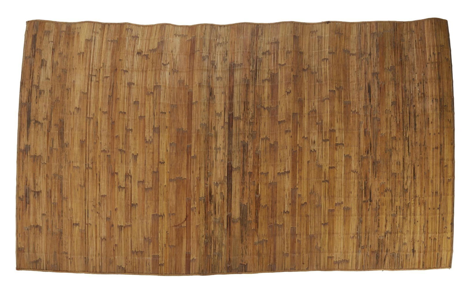 David Lynch | Bamboo Rug: A bamboo rug from the home of David Lynch. Wear present including staining, material loss, and earth and soil deposits throughout. A bamboo rug from the home of David Lynch. Wear present including sta