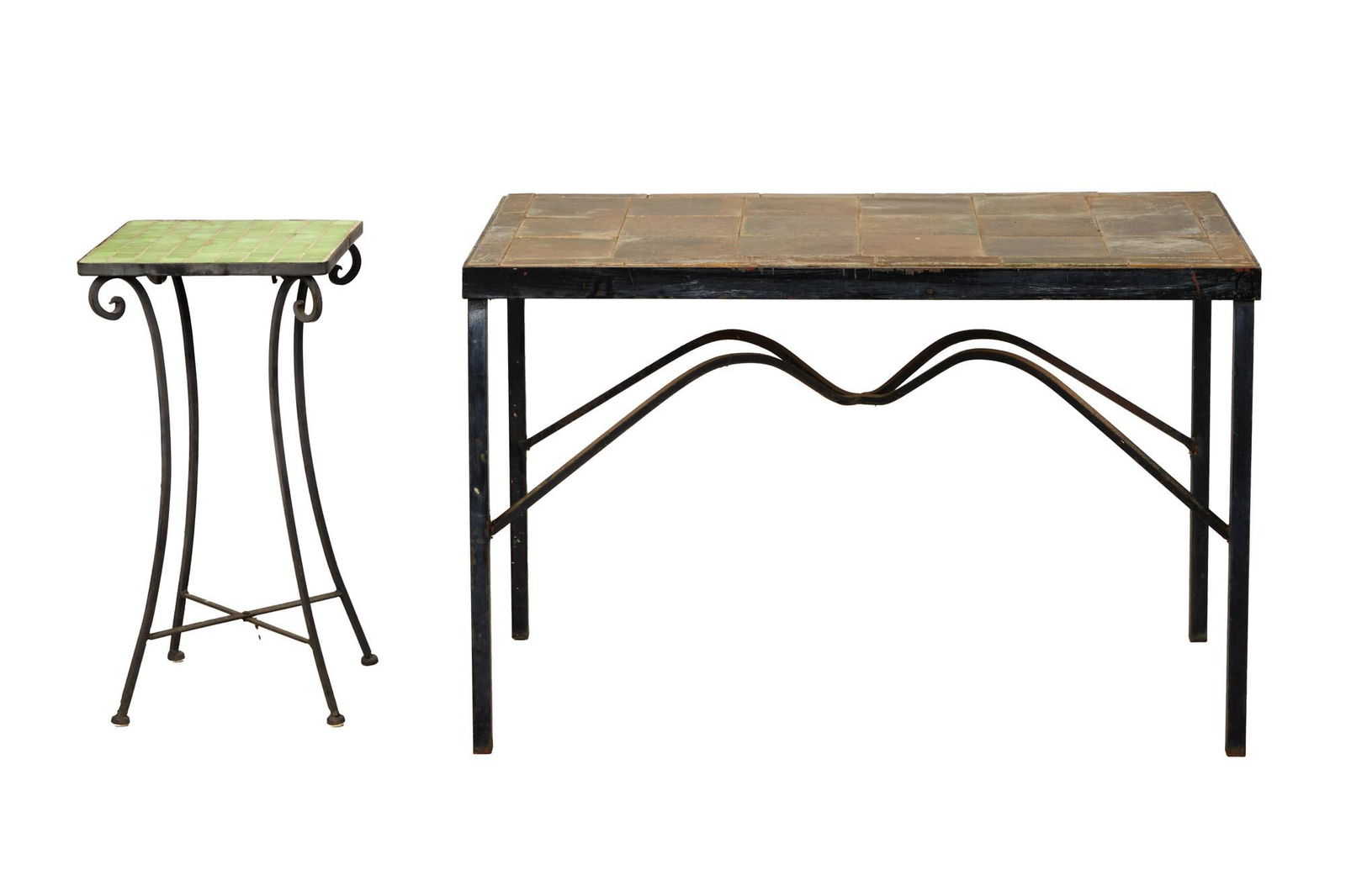 David Lynch | Tiled Table and Side Table: Two outdoor tiled tables from the home of David Lynch. One is a coffee table with medium-sized, dark green tiles. The other is a square side table with small, light green tiles. Both mounted on metal