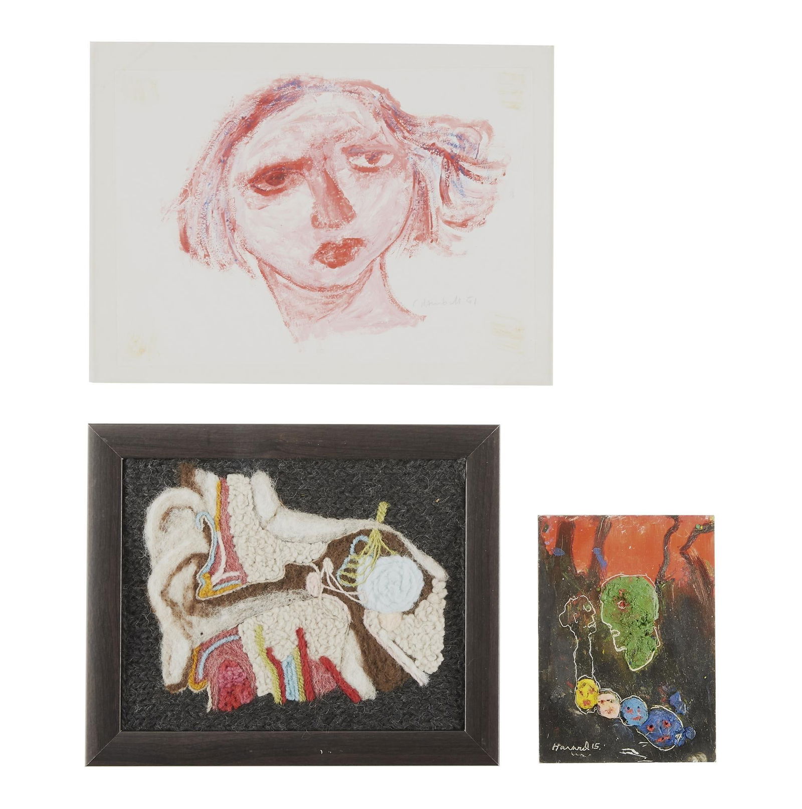 David Lynch | James Havard Signed Painting and Two Unidentified Artworks: An abstract impasto painting on Masonite, signed and dated 2015 by the artist, James Havard. Together with two additional artworks by unidentified artists: an acrylic on paper portrait painting of a w