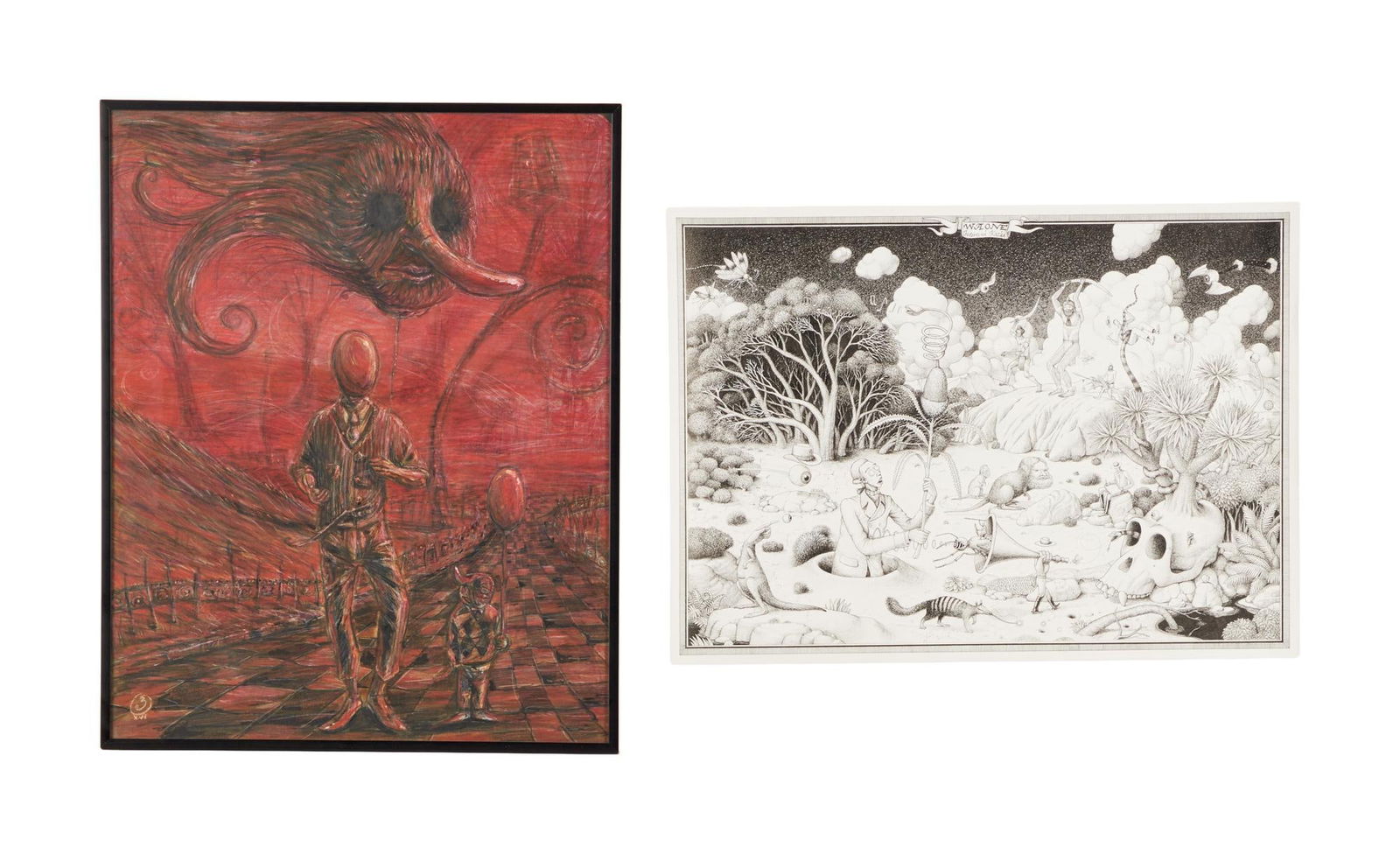 David Lynch | Piotr Dismas Zdanowics Surrealist Painting and Waone Surrealist Drawing: An original gouache on board painting by Piotr Dismas Zdanowics, together with an original ink on paper drawing by Waone. An original gouache on board painting by Piotr Dismas Zdanowics, tog