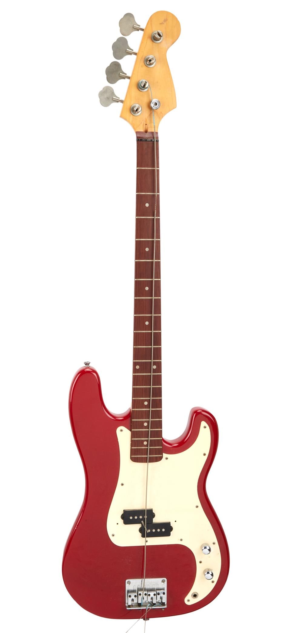 David Lynch | Copy of a Fender Precision Bass, Red: A copy of a Fender Precision Bass in red finish from the collection of David Lynch. Features a 34” scale length neck, 20 frets, an off-white single ply pickguard, a single pickup, volume and ton