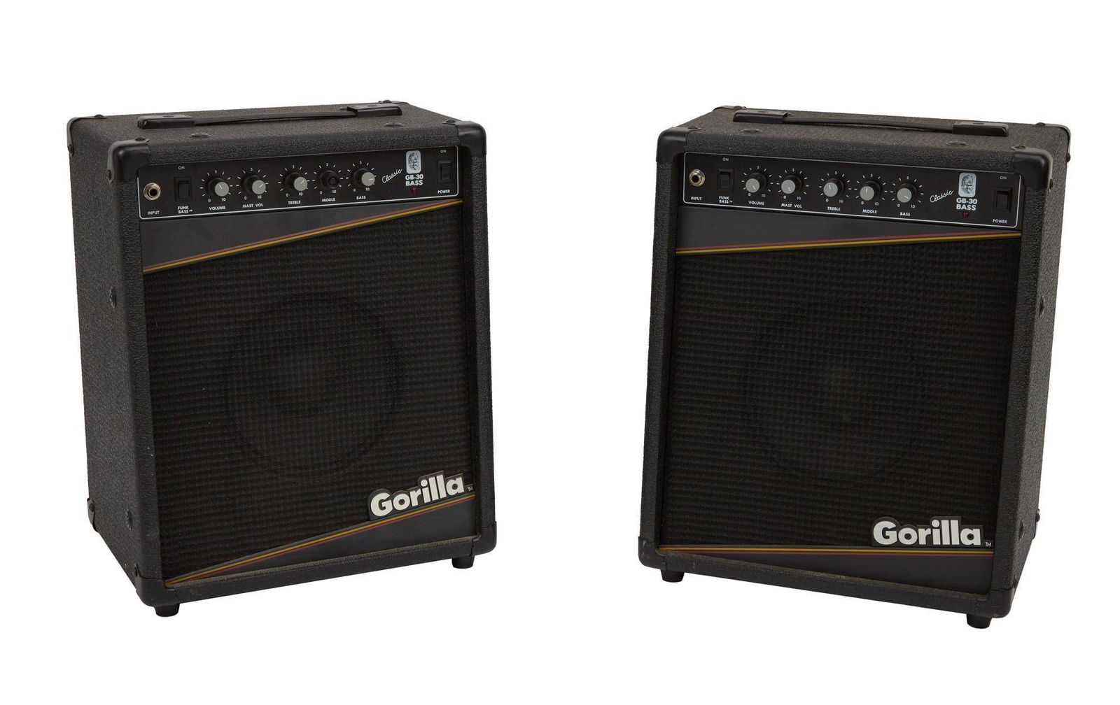 David Lynch | Pair of Gorilla GB-30 Bass Guitar Amplifiers: A pair of Gorilla branded Classic GB-30 Bass amplifiers, serial #s 1076299 and 1076300, from the collection and personal recording studio of David Lynch. Both amps are covered in heavy duty textured v