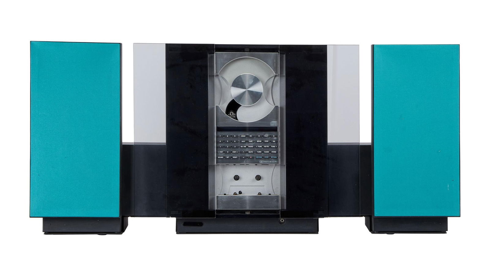 David Lynch | Bang & Olufsen Beosound 2500 CD and Cassette Player with Speakers: A Bang & Olufsen Beosound 2500 CD and Cassette player with matching speakers, in black finish with green speaker cloth. Features a CD player up top and a cassette deck on the bottom, a full array