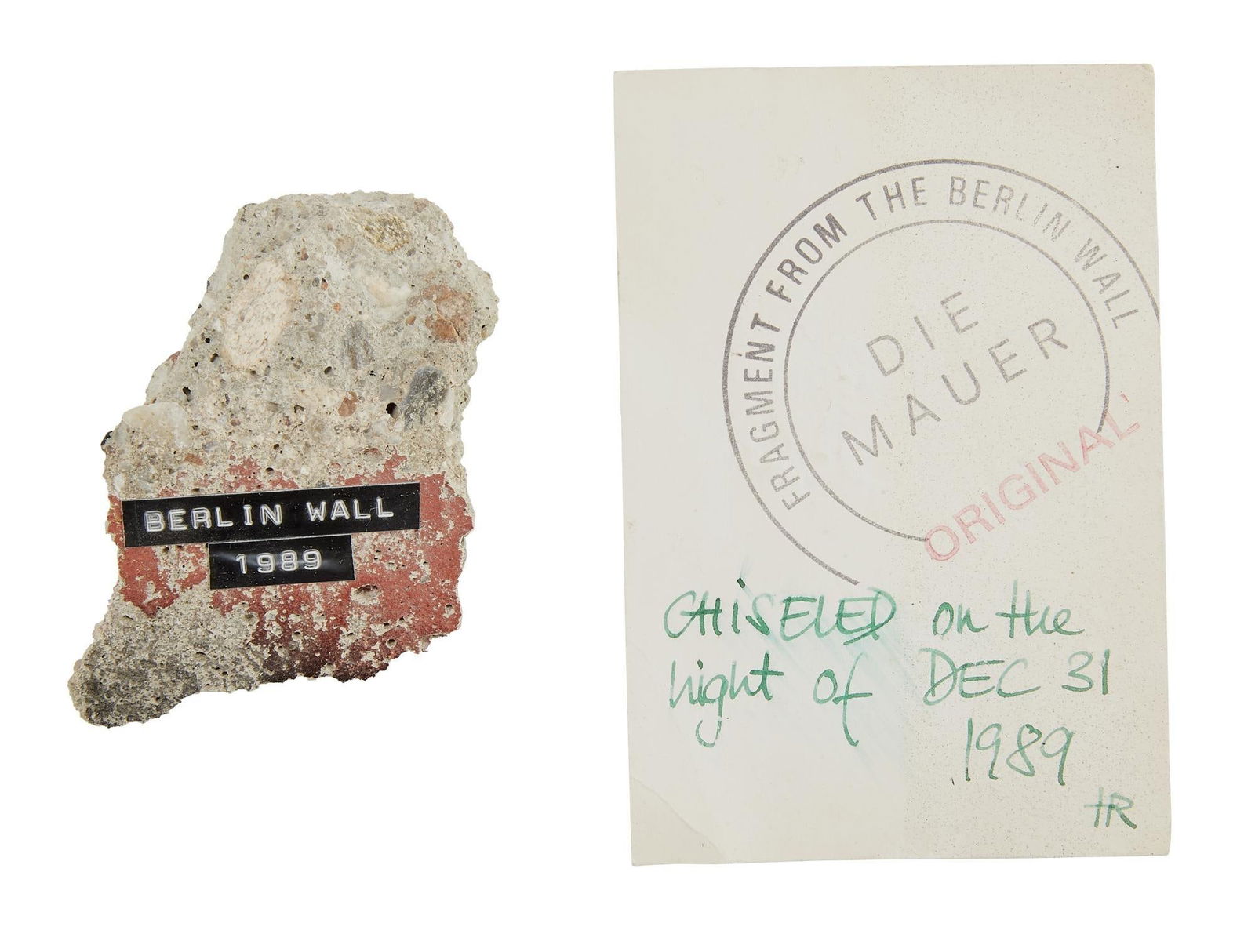 David Lynch | Berlin Wall Fragment: A fragment of the Berlin Wall, labelled "Berlin Wall, 1989," and accompanied by a tag that reads, "Chiseled on the Night of December 31, 1989." A fragment of the Berlin Wall, label
