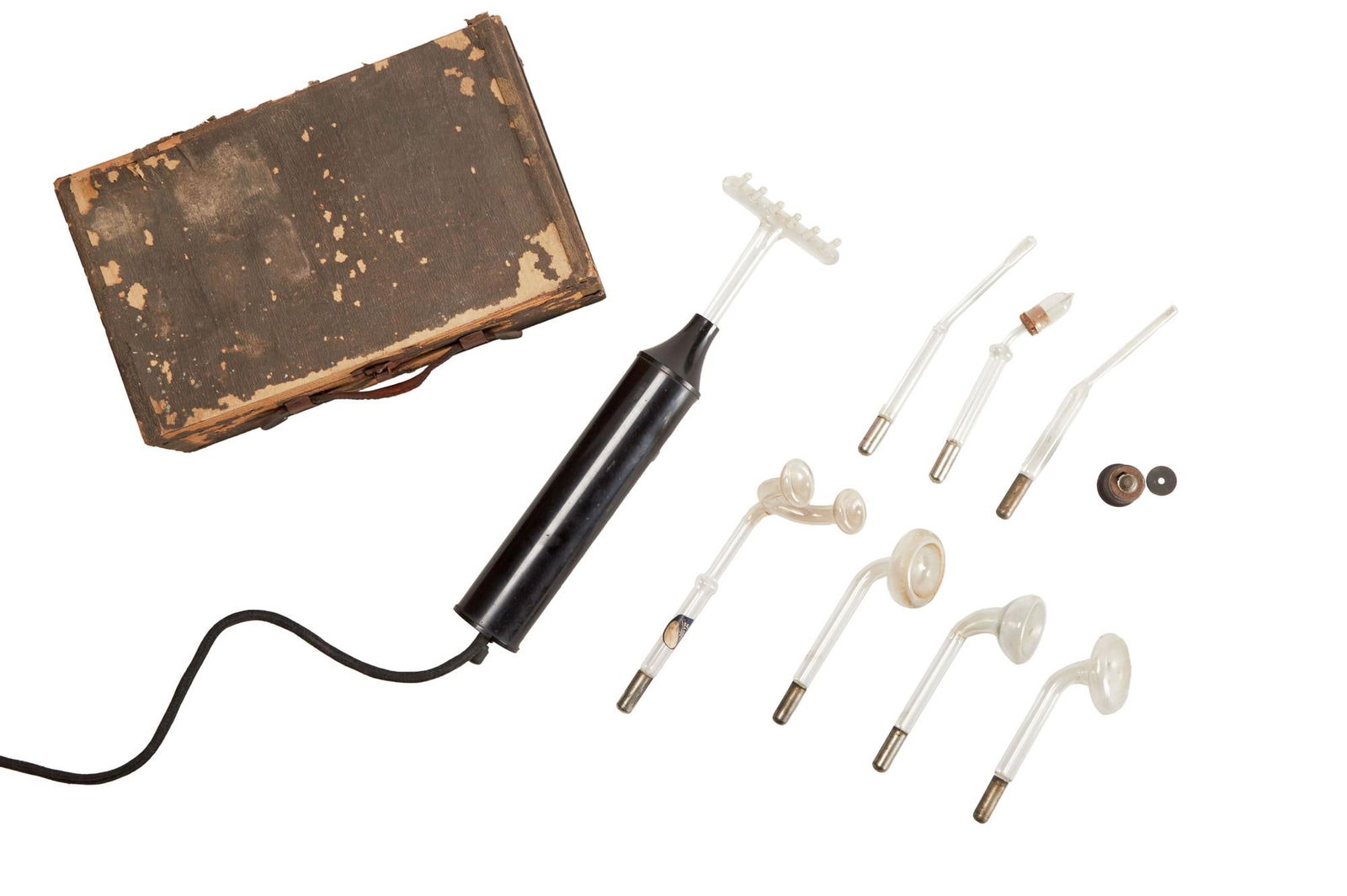 David Lynch | Vintage Halliwell Violet Ray Medical Quack Device: A vintage "violet ray" medical quack device produced by Halliwell Electric Company of New York City. Housed in its original box, with an assortment of 8 wands. A vintage "violet ray&quo