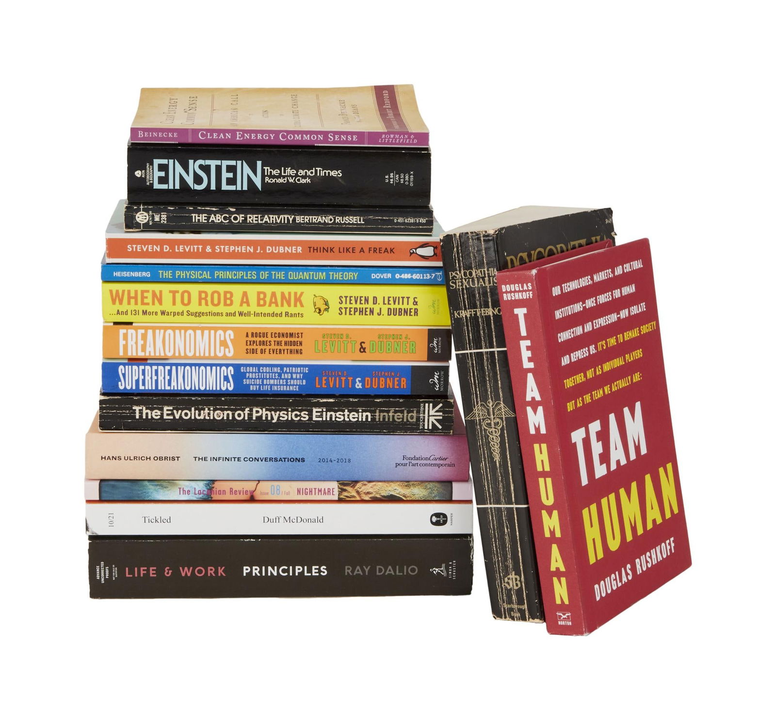 David Lynch | Science and Economics Books: A group of science and economic books from the personal home collection of David Lynch, bearing a "Studio David Lynch" stamp. The titles include: Team Human, When to Rob a Bank, Freakon