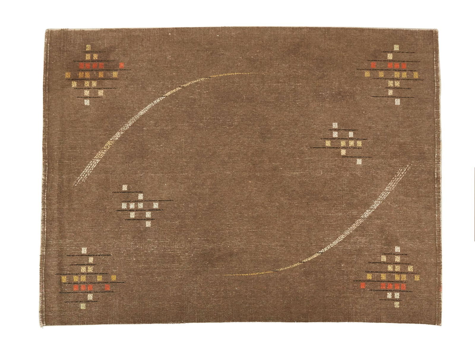 David Lynch | Lines and Squares Patterned Brown Rug: A brown rug with multi-colored squares and lines pattern, from the home of David Lynch. A brown rug with multi-colored squares and lines pattern, from the home of David Lynch. PROVENANCE From The Esta