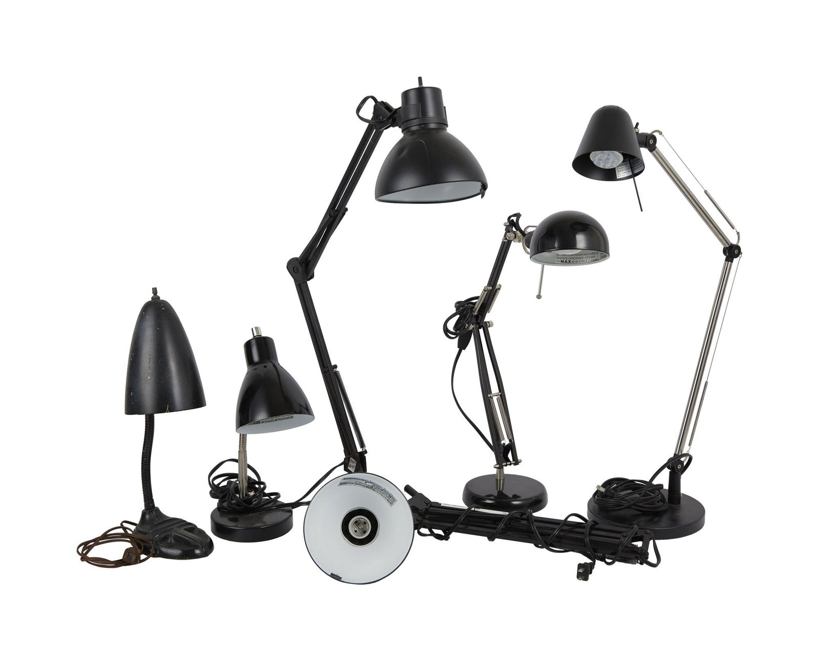 David Lynch | Tabletop / Desk Lamps: Six tabletop / desk lamps of various sizes, from the home of David Lynch. Four with built-in bases, the remaining two are meant to be mounted. Three with light bulbs still present. Includes one vintag