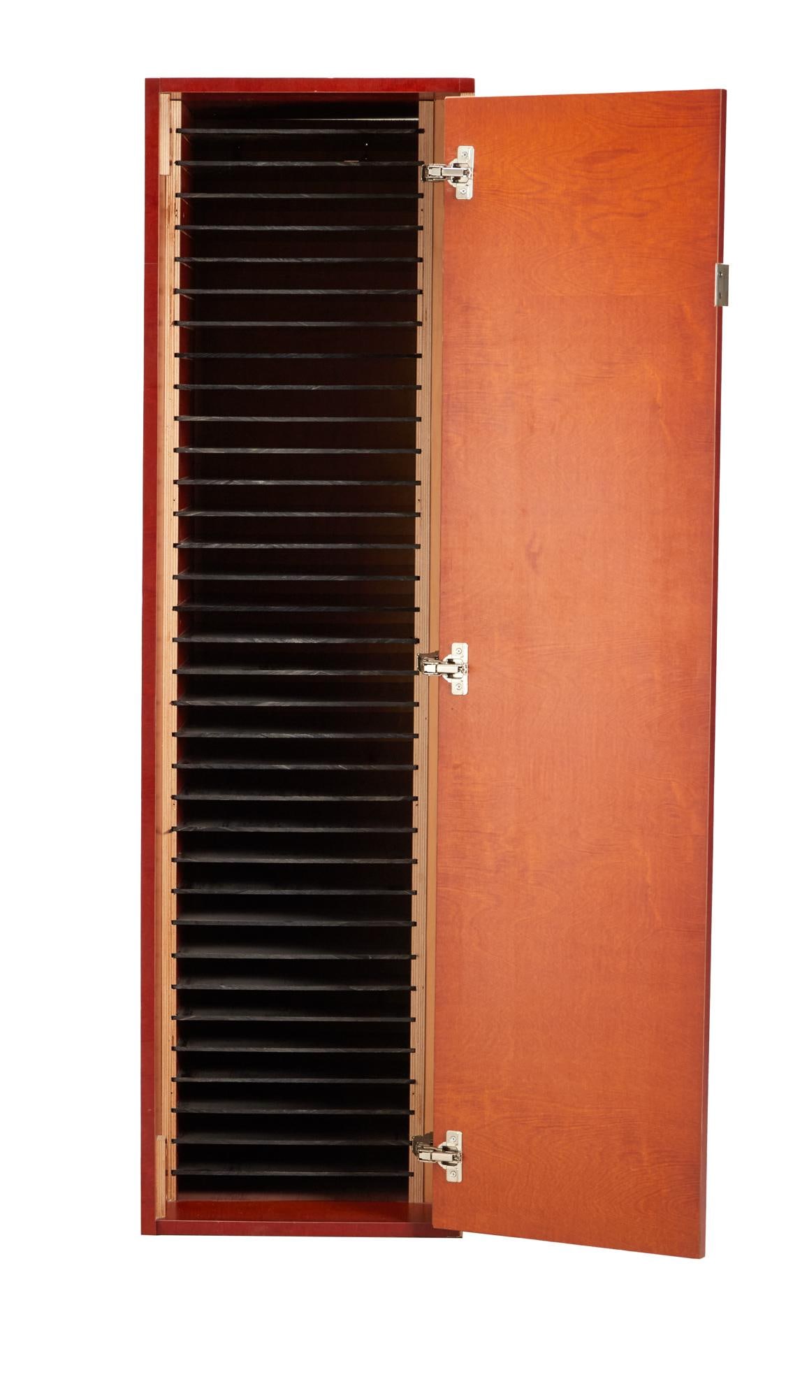 David Lynch | Document or Sheet Music Cabinet on Wheels: A laminate tall cabinet on wheels with 34 narrow shelves inside. Likely designed and hand made by David Lynch. A laminate tall cabinet on wheels with 34 narrow shelves inside. Likely designed and hand