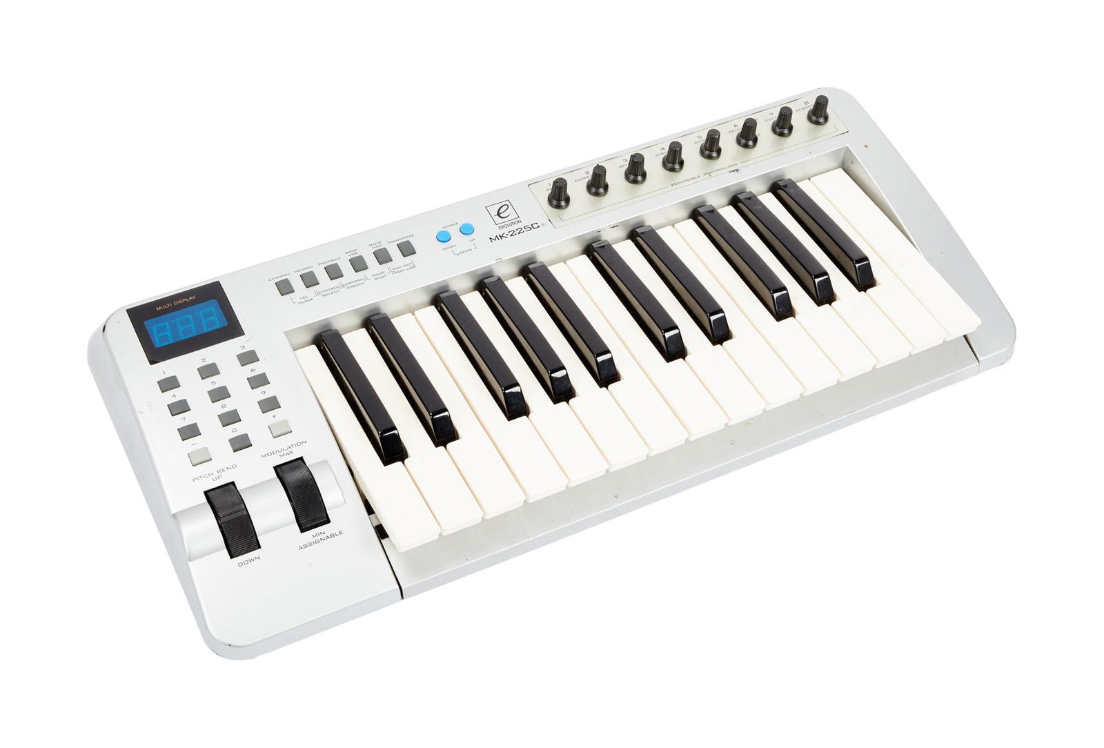 David Lynch | Evolution MK-225 C: An Evolution MK-225 C midi controller keyboard in silver, serial #219518, owned and played by David Lynch. Features a two octave 25-key keyboard, pitch and mod wheels, numeric keyboard, and 8 assignab