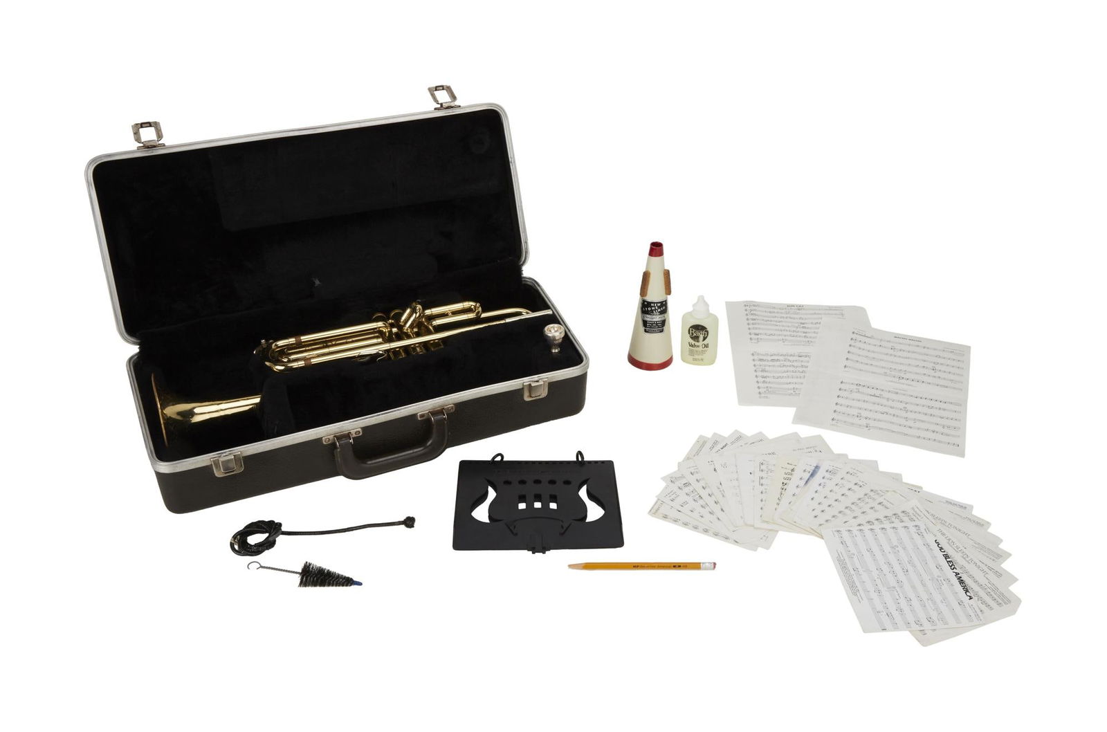 David Lynch | Vincent Bach Selmer Bundy Trumpet: A c. 1960s-1970s Vincent Bach Selmer Bundy student trumpet in B-flat (Vincent Bach mouthpiece included) from the home recording studio of David Lynch. Housed in a hard case with mute and other a