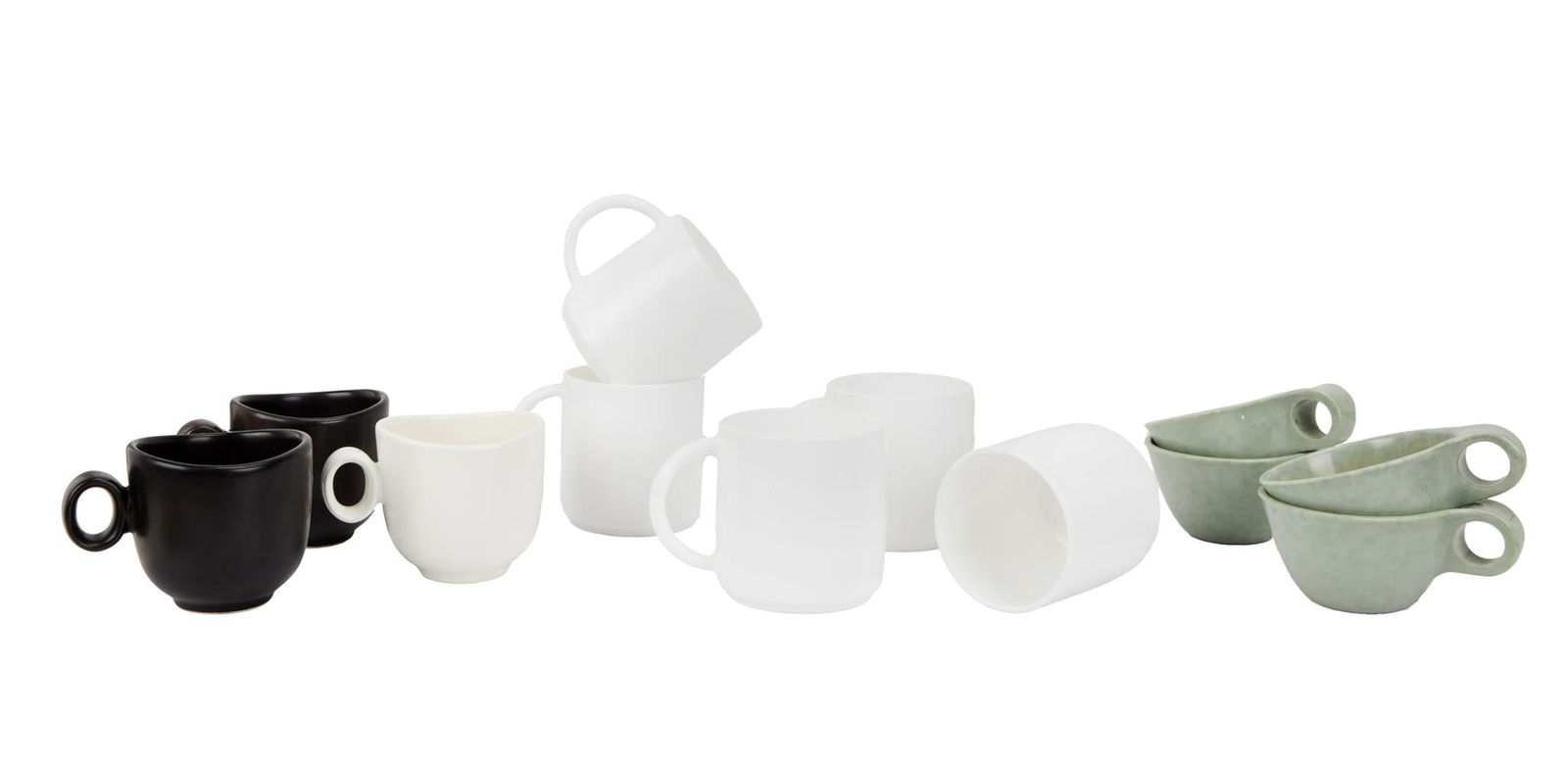 David Lynch | Vintage or Vintage-Inspired Coffee Mugs: A group of 12; including five white milk glass ones; four moss green plastic ones stamped on the bottom "Russel / Wright / Residential / by / Northern" [the noted mid-century designer]; two
