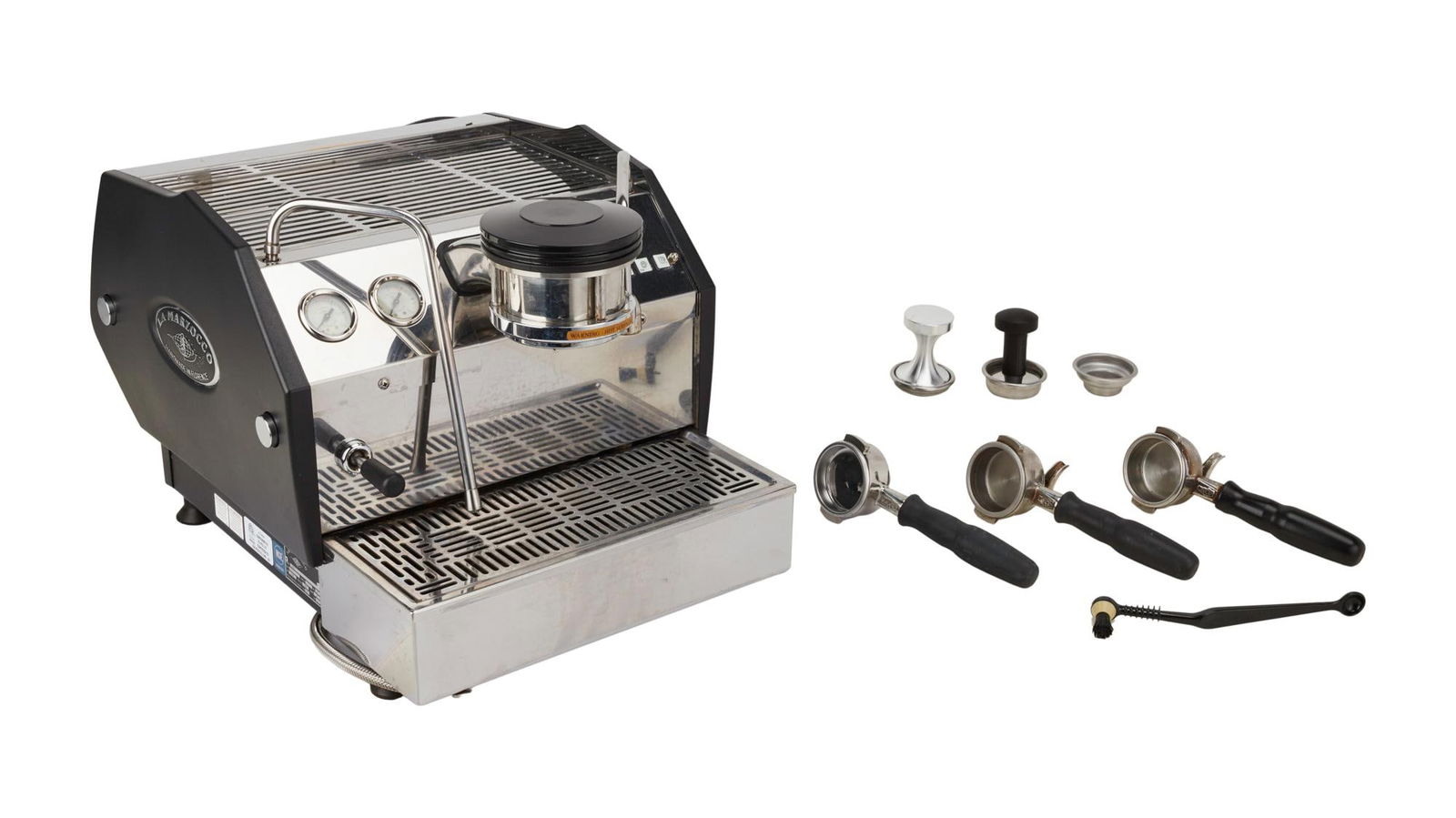 David Lynch | La Marzocco GS/3 Home Espresso Machine (C): A large, top-of-the-line home espresso machine; made in Italy, with added accoutrements including portafillers, filter baskets, a tamper, and a cleaning brush; used by Lynch