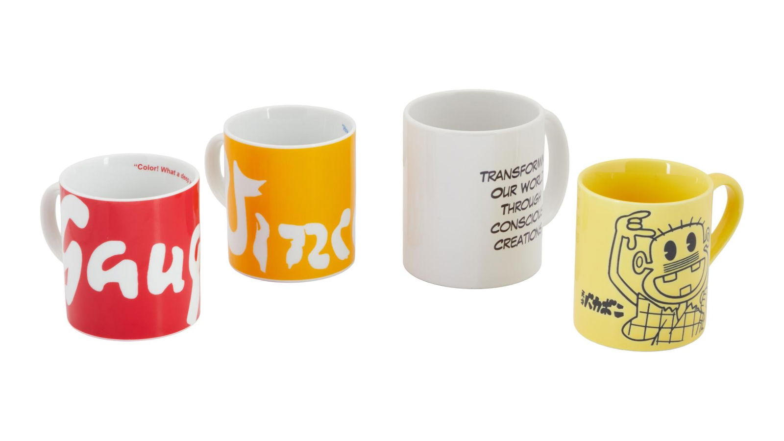 David Lynch | Colorful Coffee Mugs: A group of four; all ceramic; one reading in part "Vincent" [Van Gogh]; one reading in part "Gauguin"; one with a cartoon character; one from a consulting firm. A group of four; al
