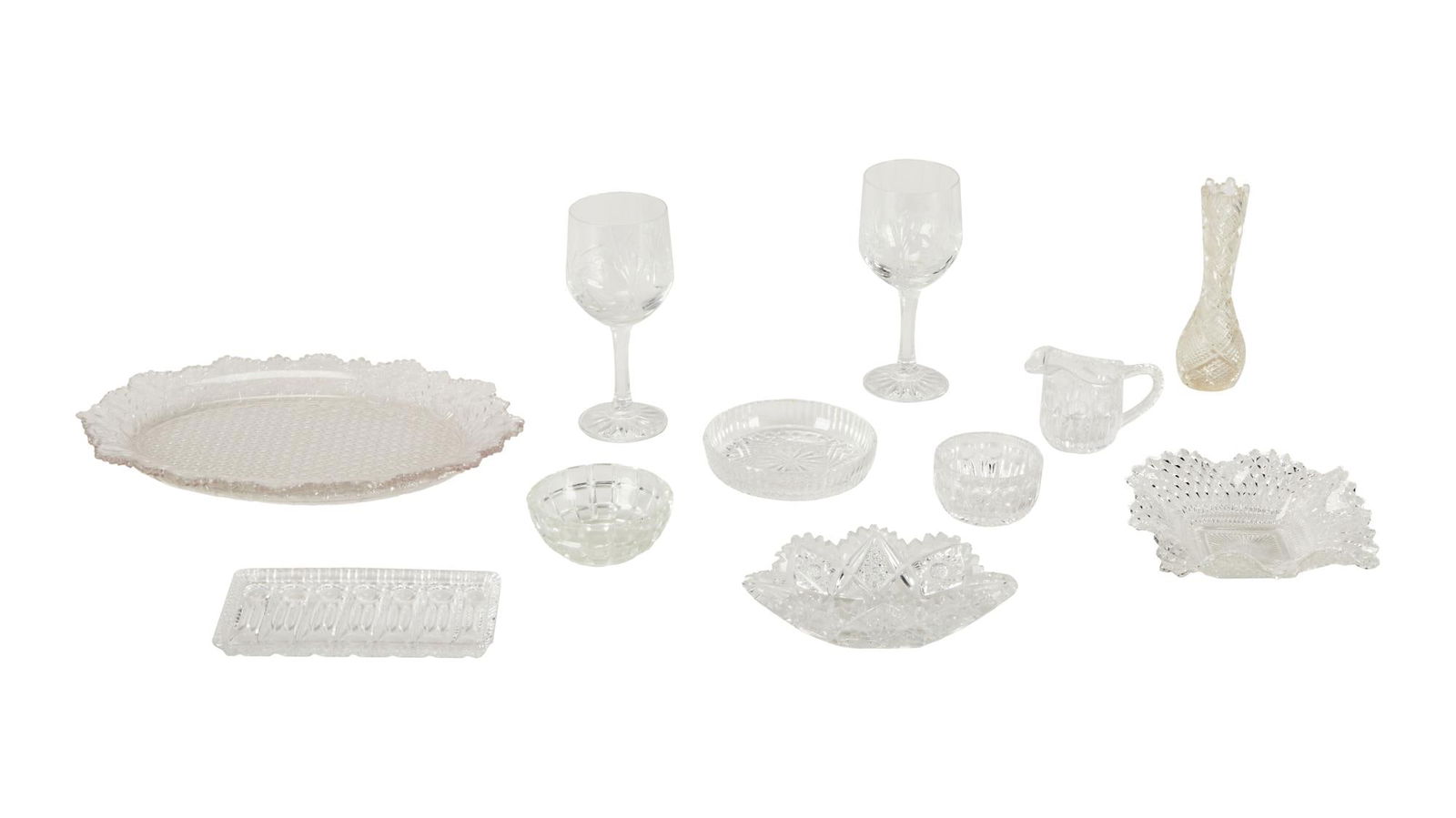 David Lynch | Collection of Brilliantware: A group of 11 pieces; all pretty cut glass; including two wine glasses; a bud vase; two small candy dishes; two bigger nut dishes; a creamer, a wine coaster, an olive tray, and a small serving platter
