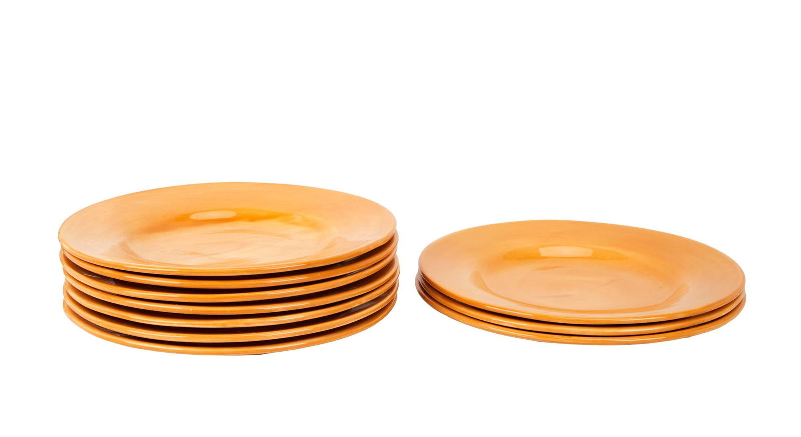 David Lynch | Dinner Plates: A group of ten; ceramic, in an amber-yellow shade, bottom marked in part "Potterybarn / Sausalito." A group of ten; ceramic, in an amber-yellow shade, bottom marked in part "Potterybarn