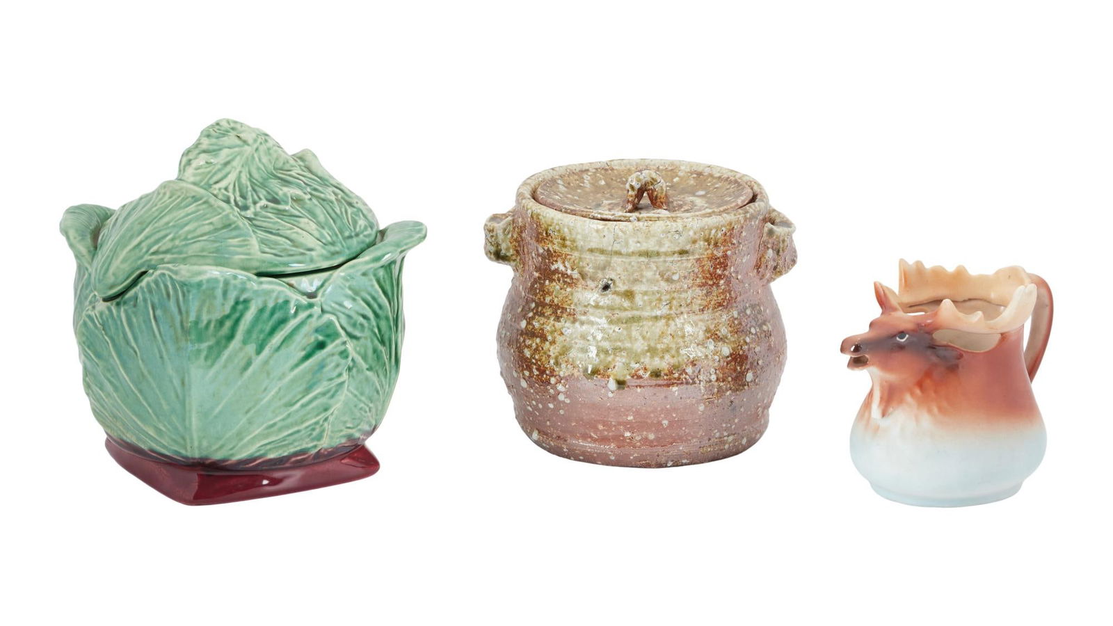 David Lynch | Gifted Elk Creamer and Lettuce Head Jar with Japanese Tea Ceremony Pot: An Austrian elk-form creamer, labelled to the underside "For David Lynch," together with a vintage ceramic lettuce-head container, labelled to the underside "For David Keith Lynch,"