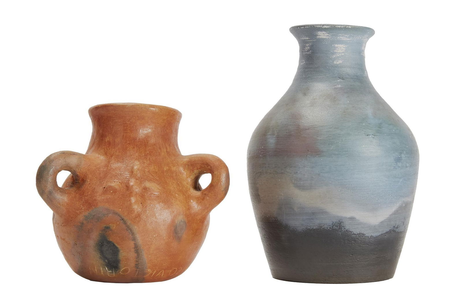David Lynch | Earthenware Vases: A group of two; the first a grayish-blue with a black base, signed on the bottom in part "H. May 2002"; the second terracotta with three handles, signed on th bottom in part "Mexico.&qu