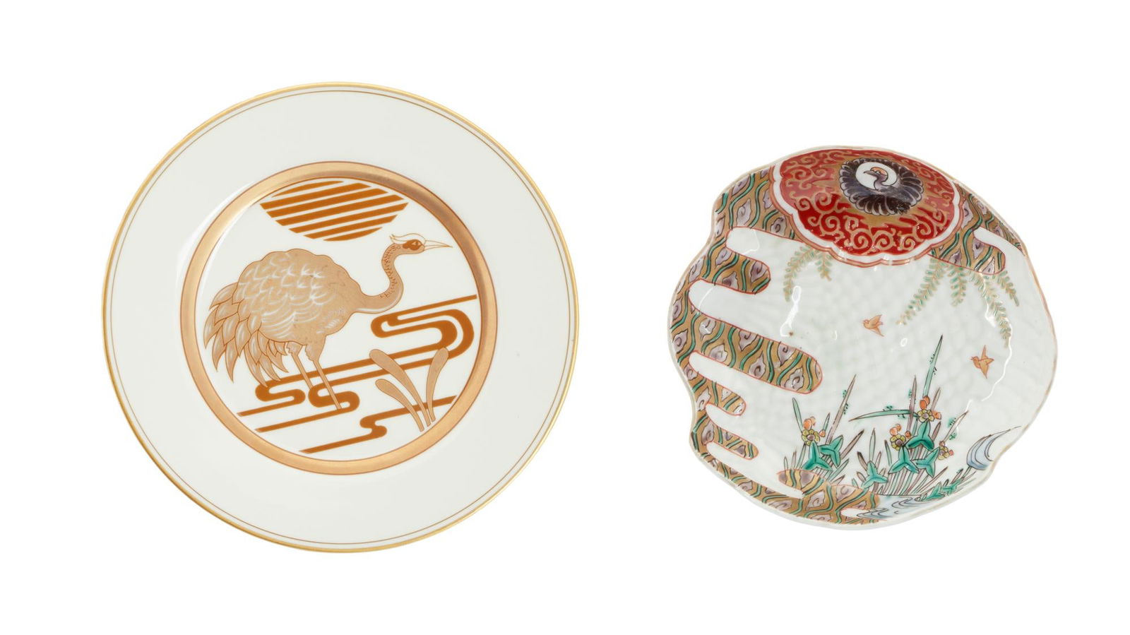 David Lynch | Decorative Ceramic Plates: A group of two; the first depicting a gold heron; verso stamped in part "Fitz and Floyd, Inc. / MCMLXXVII"; the second depicting a garden scene with birds, unmarked. A group of two; the firs