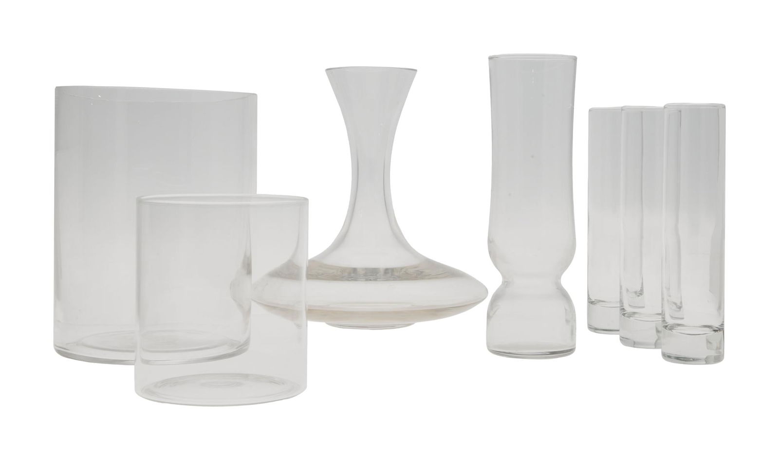 David Lynch | Glass Vases: A group of five; of varying sizes and styles; one comprised of three cylindrical vases housed in a light gray composite block. A group of five; of varying sizes and styles; one comprised of three cyli