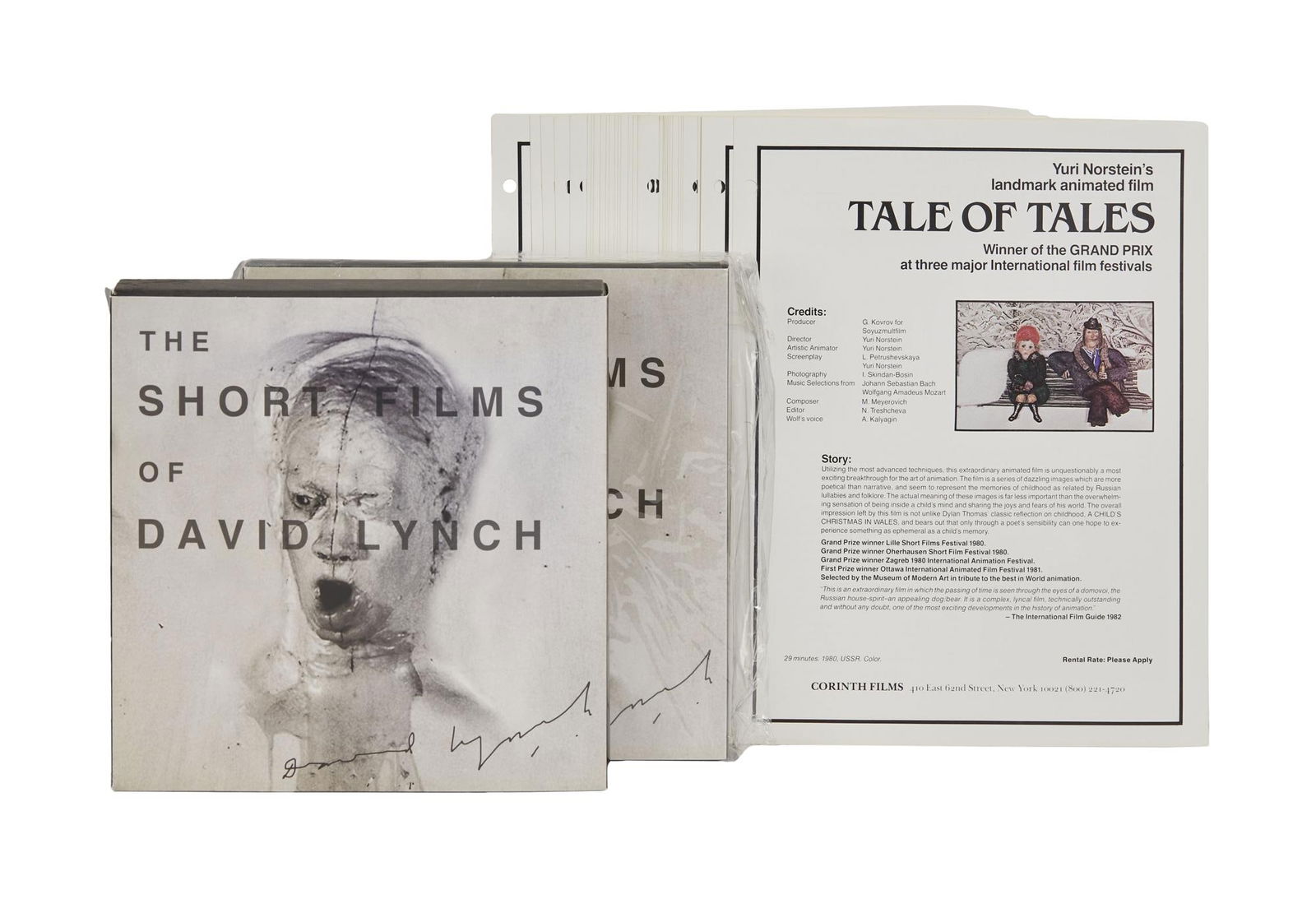 David Lynch | "The Short Films of David Lynch" DVD Box Set and Vintage Screening Rental Pages: An unopened copy of the 2001 DVD box set "The Short Films of David Lynch," together with an opened copy of the box set without the DVD. Accompanied by 34 vintage sheets of a theatrical film