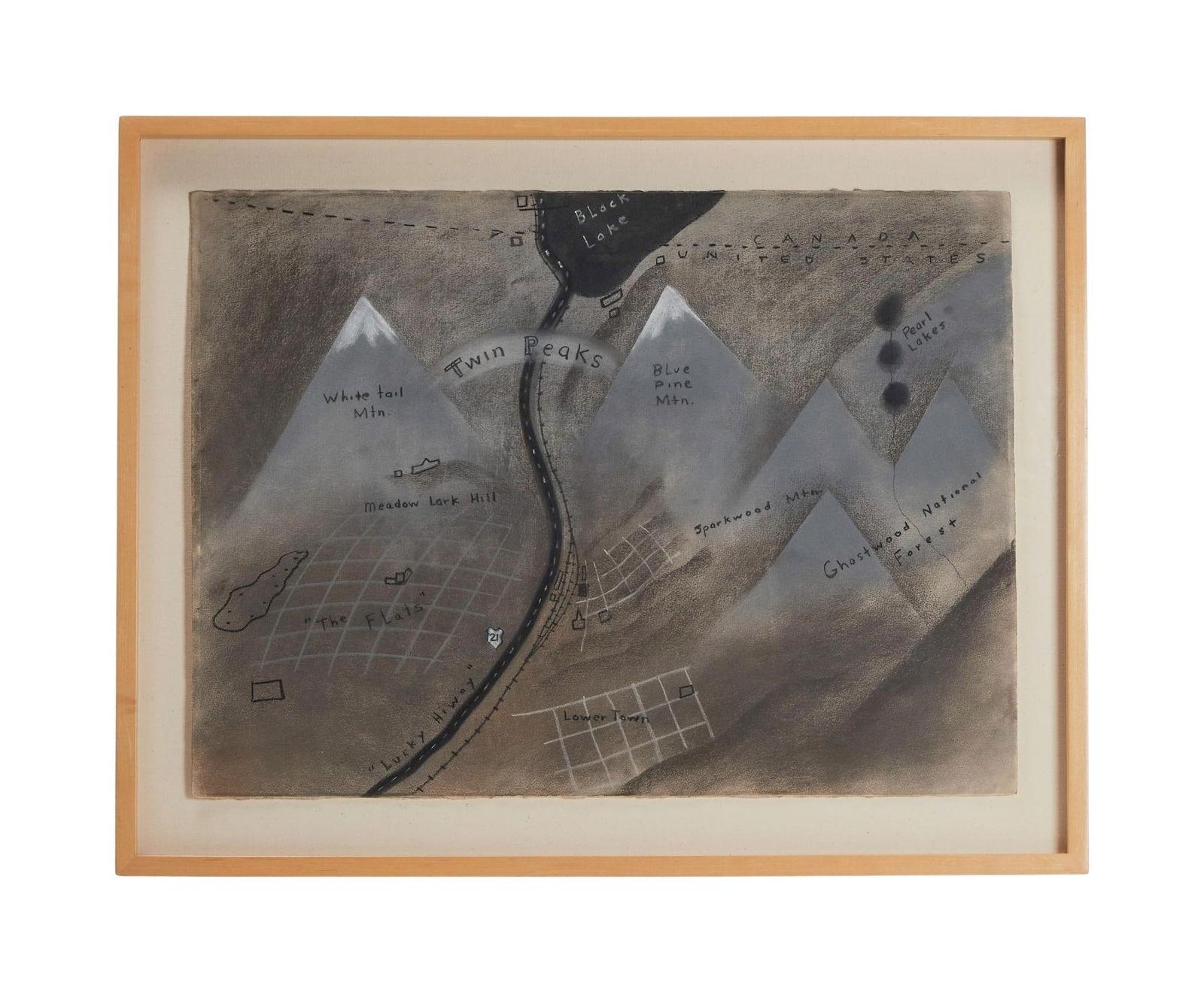 David Lynch | "Twin Peaks" Original Concept Map, Hand-Drawn and Signed by David Lynch: The original concept map for the town of Twin Peaks, hand-drawn and signed by series co-creator and legendary filmmaker, David Lynch. This map was used by Lynch and series co-creator, Mark Frost, to p