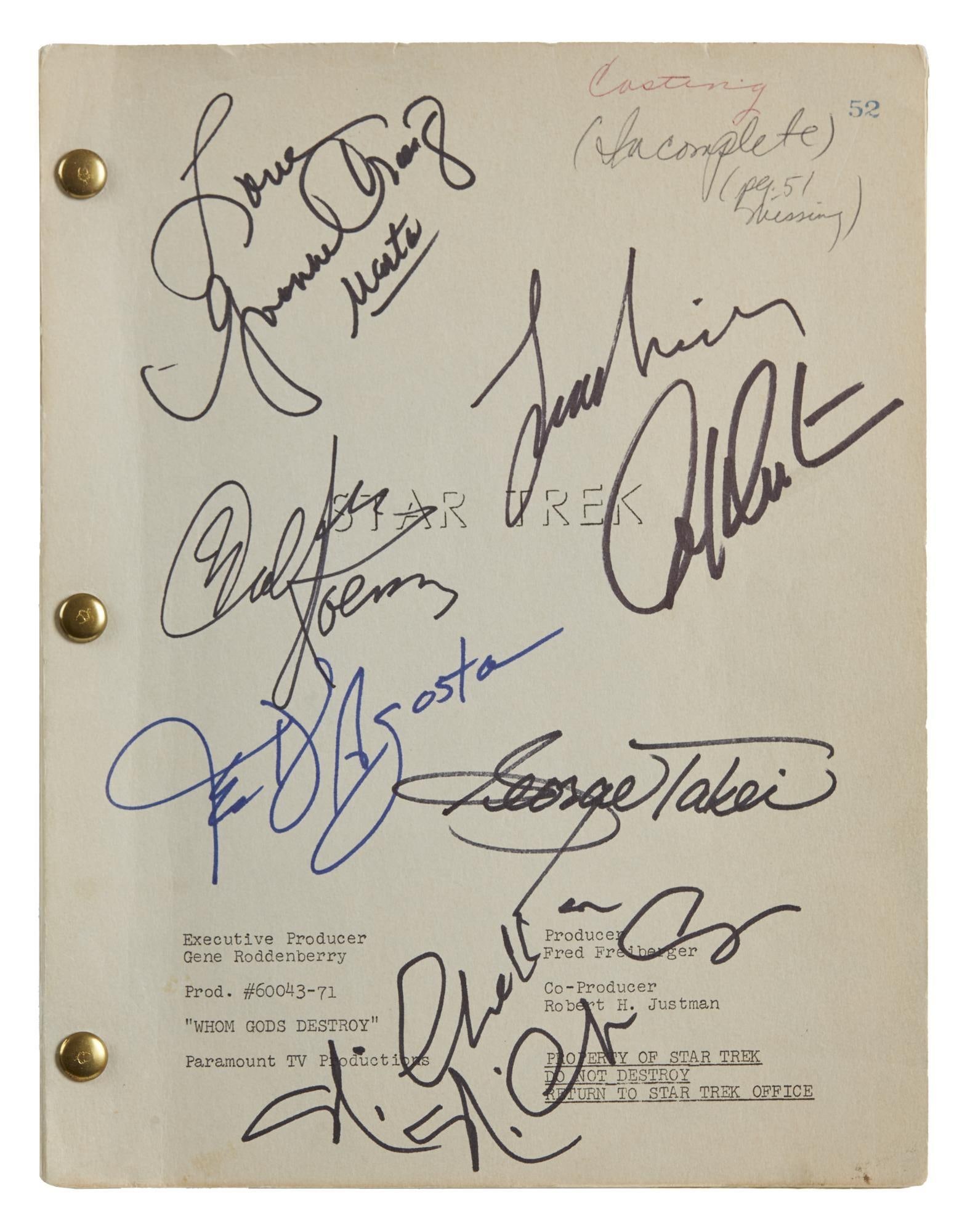 Star Trek: The Original Series | "Whom Gods Destroy" Cast-Signed Casting Script (1 of 4)