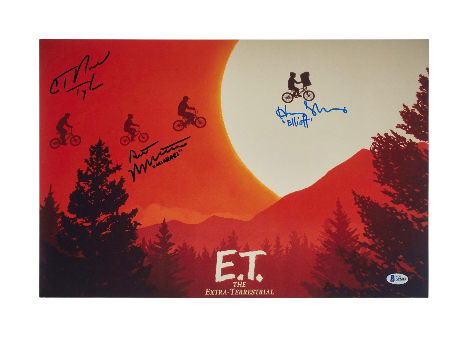 E.T. the Extra-Terrestrial | Cast-Signed Photo: An oversized cast-signed photograph print signed by Henry Thomas as "Elliot," Robert MacNaughton as "Michael," and C. Thomas Howell as "Tyler," each who signed their char
