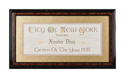 The Phantom | Xander Drax (Treat Williams) "New York Citizen of the Year 1935" Framed Prop: A framed award used as a set dressing prop from the production of the action-adventure superhero film The Phantom (Paramount, 1996). The award is paper featuring the printed words: "Cit