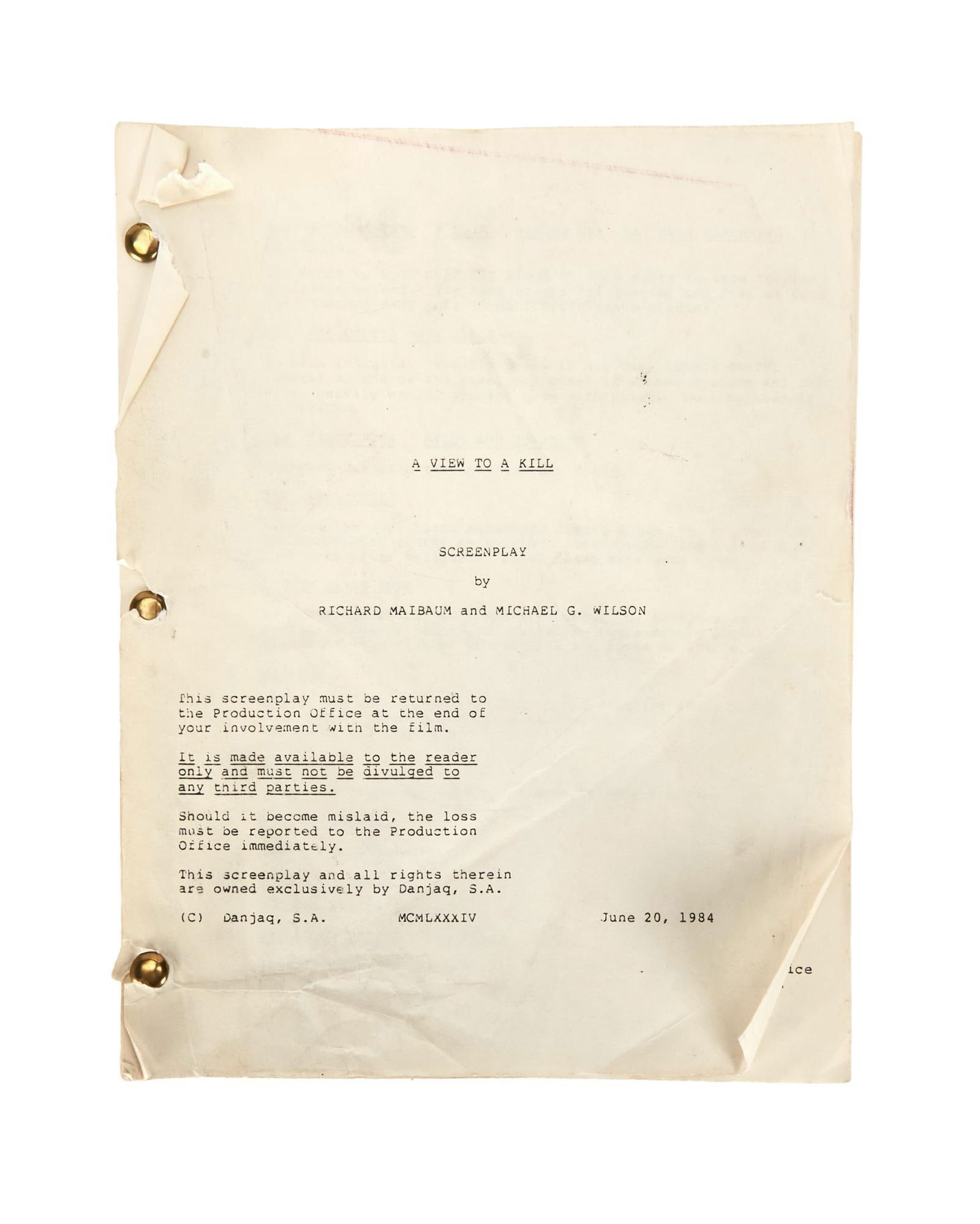 James Bond: A View to a Kill | Shooting Script: An original shooting script copy, dated June 20, 1984, from the production of the James Bond film A View to a Kill (Eon Productions, 1985). All of the script pages are white, and the cover page