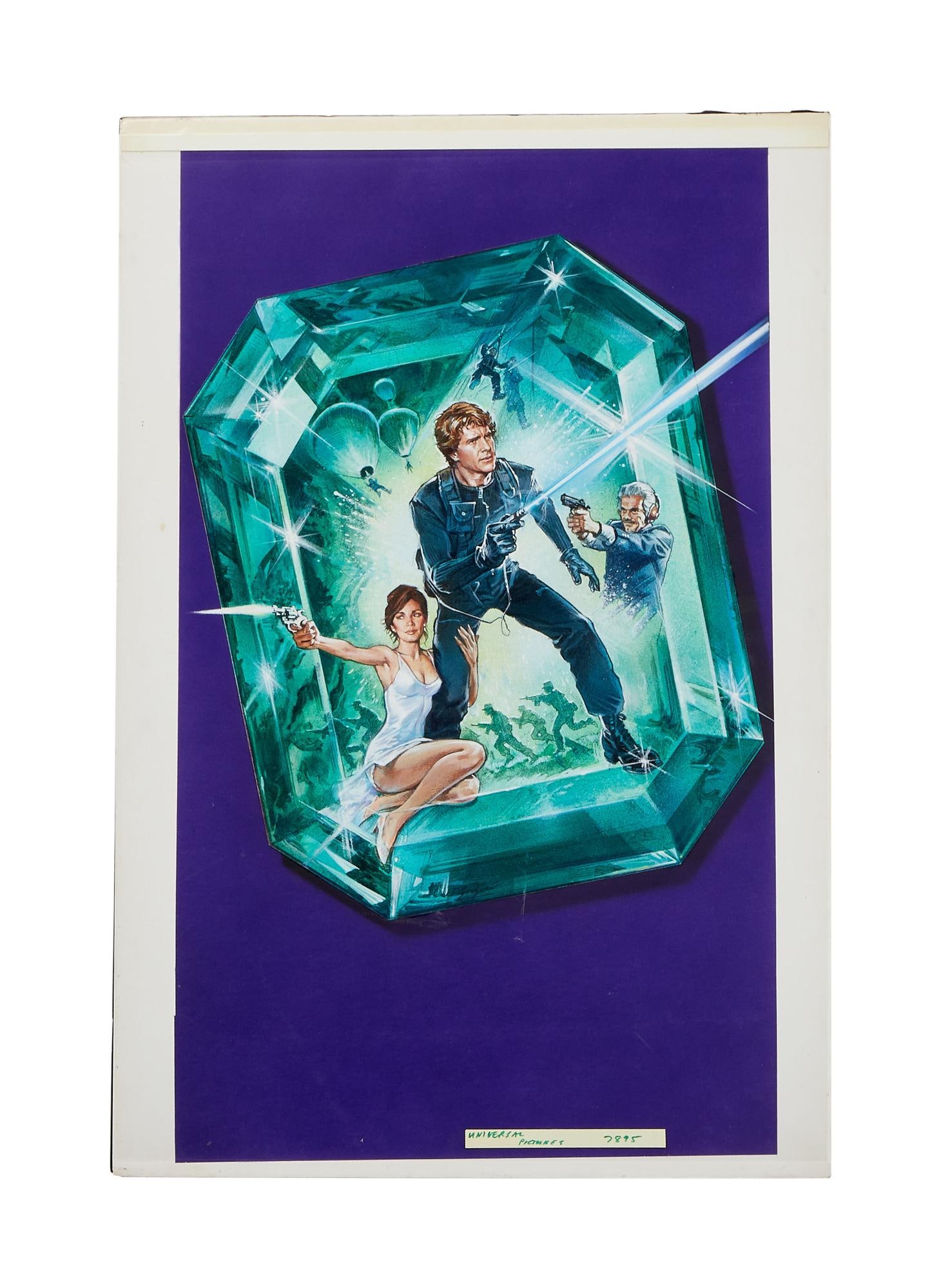 Green Ice | Dan Goozee Signed Original Poster Concept Art: An original gouache and aerosol on paper concept illustration (mounted on cardstock) for the poster for the film Green Ice (Jack Wiener, 1981), signed by the artist, Dan Goozee, mid-center.