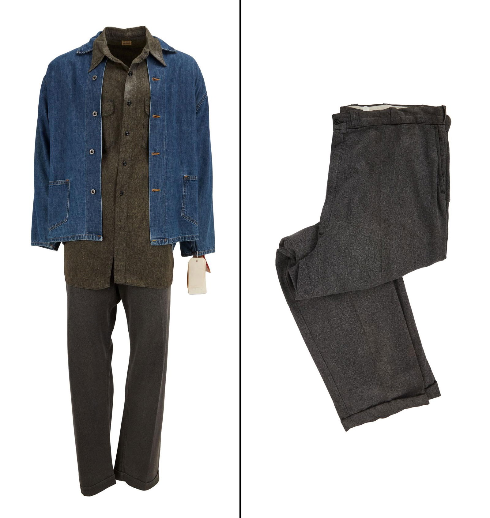 Frida | Diego Rivera (Alfred Molina) Work Ensemble: An original work ensemble worn by Alfred Molina as Diego Rivera in the Julie Taymor-directed biopic Frida (Miramax, 2002). The ensemble is comprised of a coat, button-down shirt, and two pai